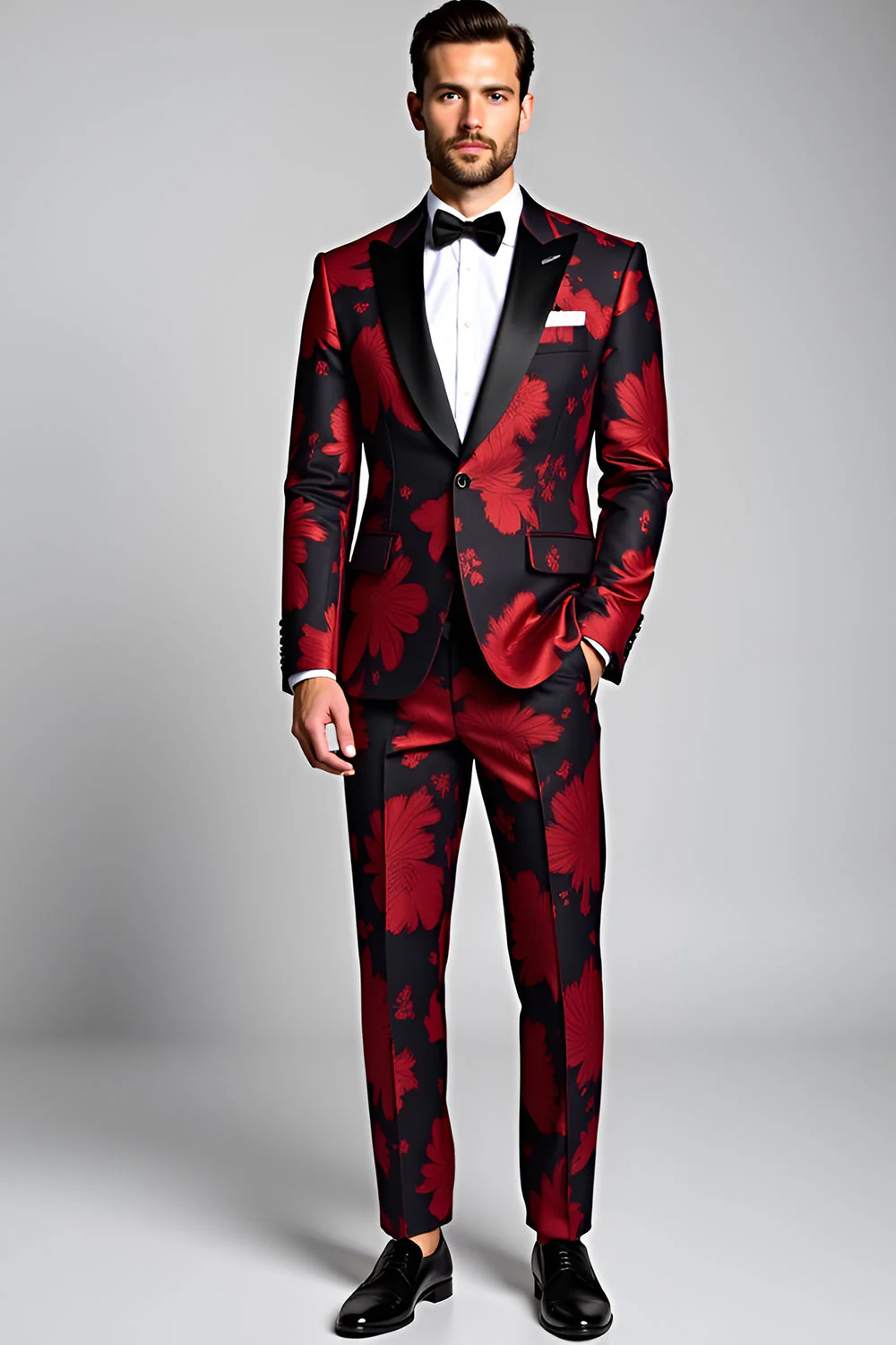 Peak Lapel Ciemnoczerwone 2 sztuki Kwiatowe drukowane męskie garnitury - Image 3