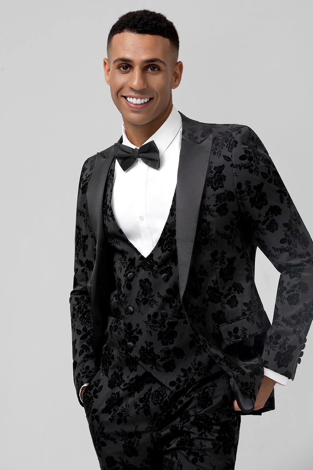 Peak Lapel żakard 3-częściowe męskie garnitury balowe z jednym guzikiem - Image 9