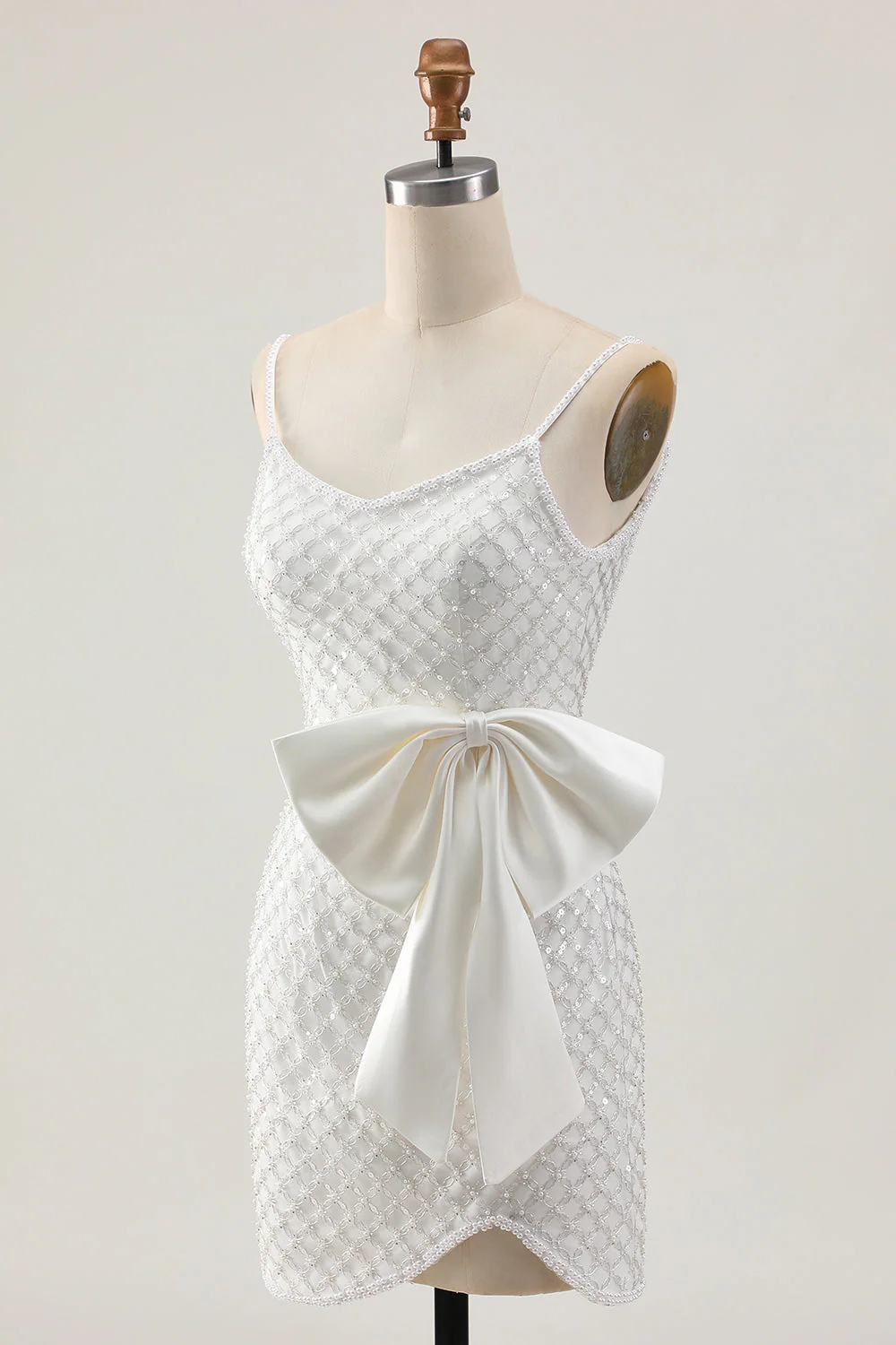Perła Biała sukienka z cekinami bodycon z kokardą - Image 3