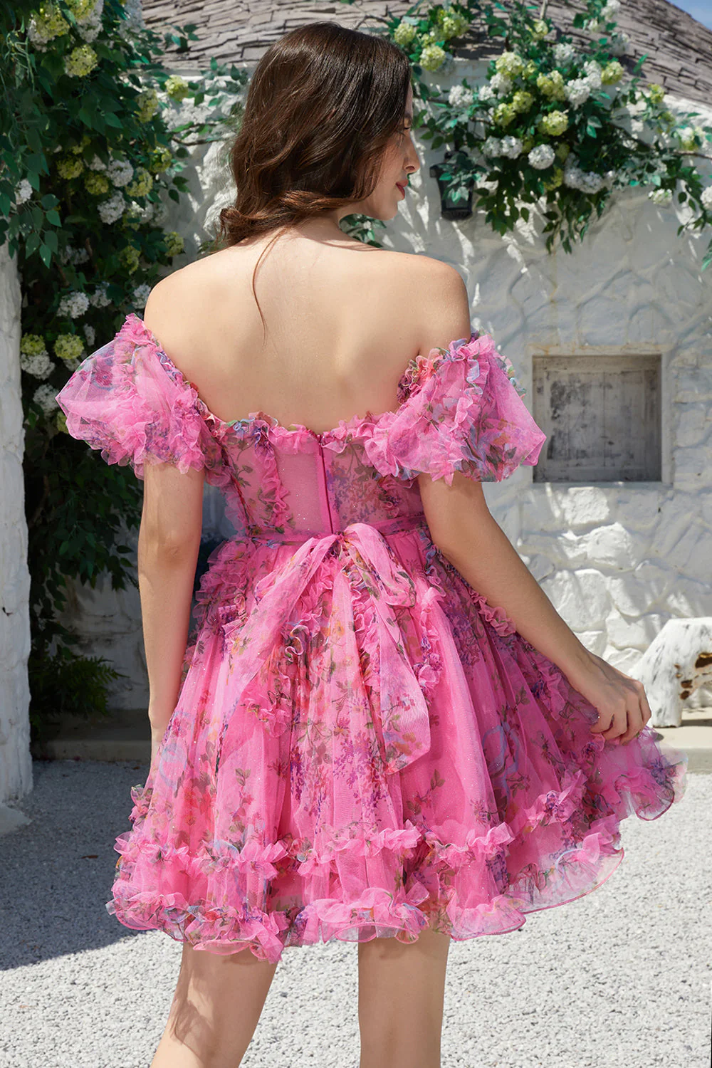 Piękna linia z ramienia Fuchsia Tulle Krótka sukienka Homecoming z krótkim rękawem - Image 2