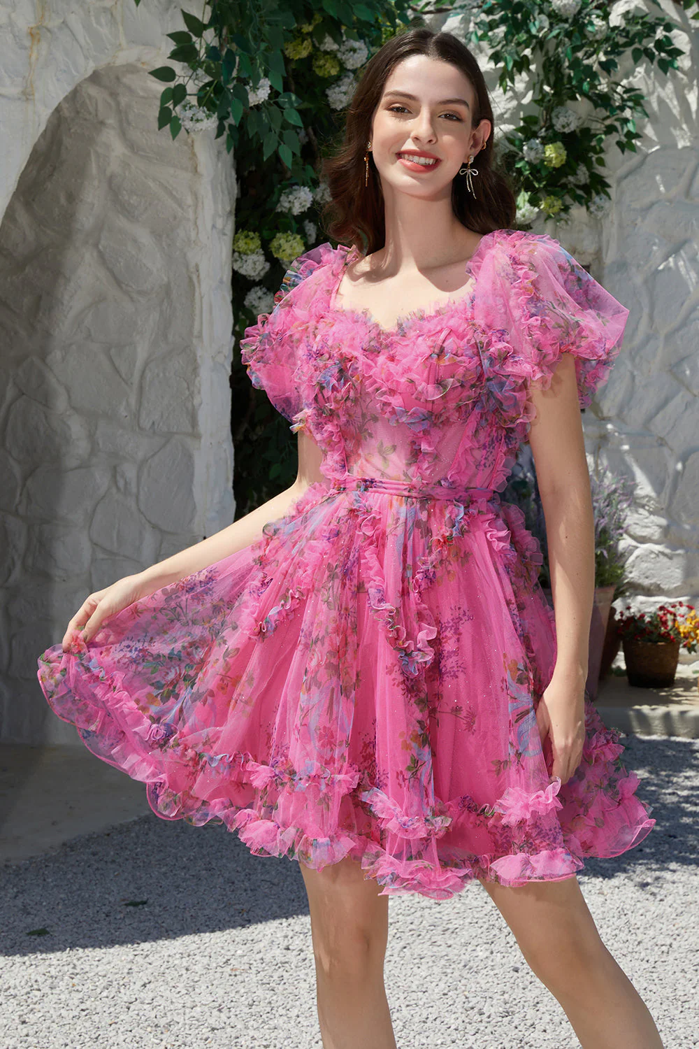 Piękna linia z ramienia Fuchsia Tulle Krótka sukienka Homecoming z krótkim rękawem - Image 3
