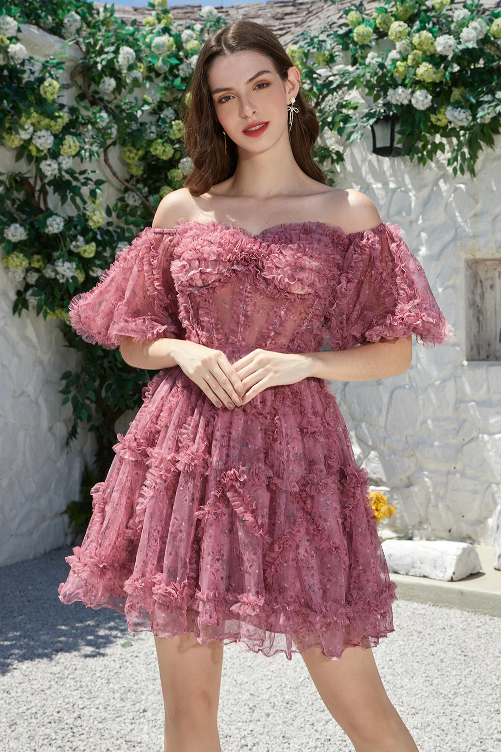 Piękna linia z ramienia Fuchsia Tulle Krótka sukienka Homecoming z krótkim rękawem - Image 7