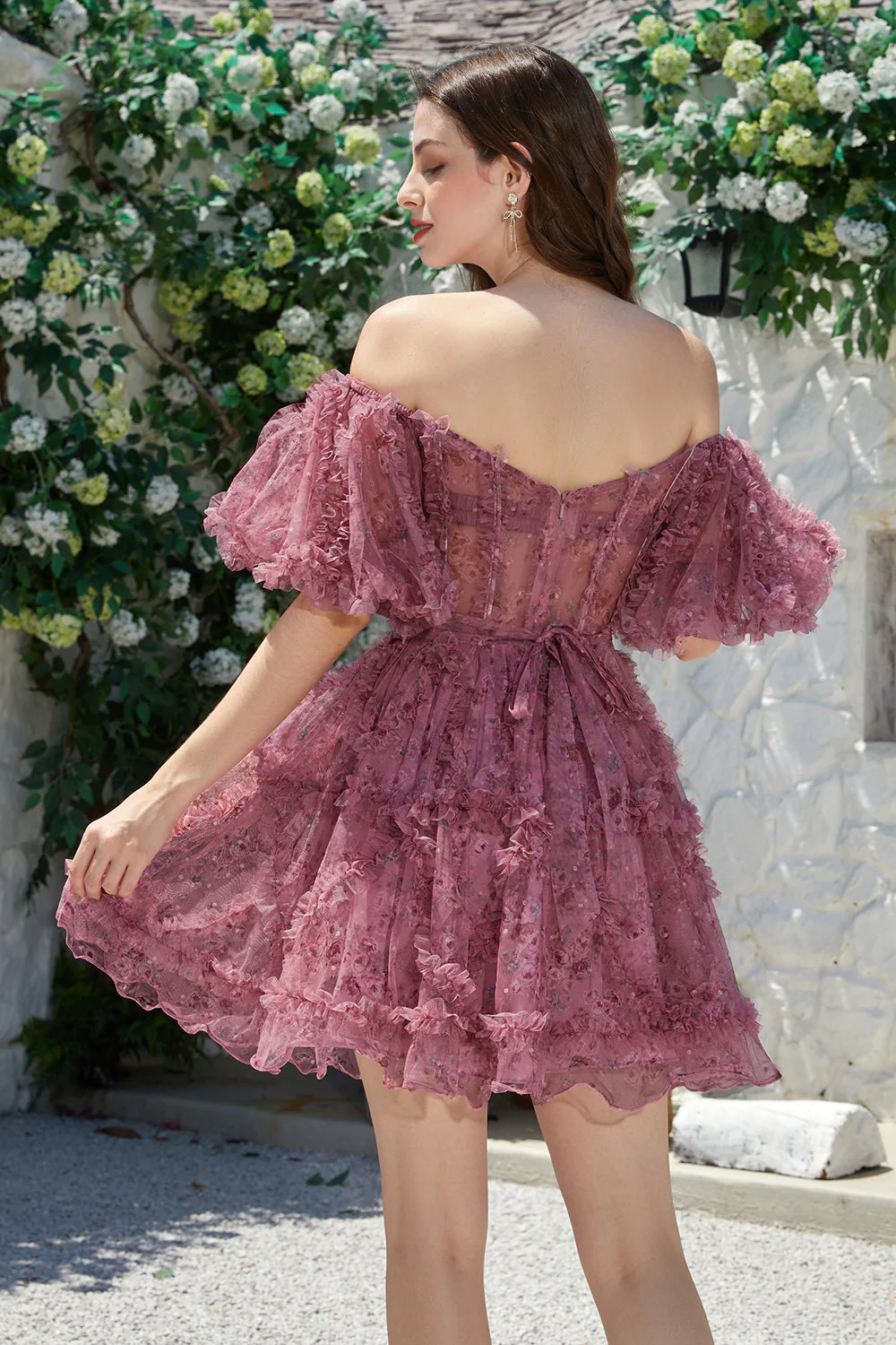Piękna linia z ramienia Fuchsia Tulle Krótka sukienka Homecoming z krótkim rękawem - Image 8