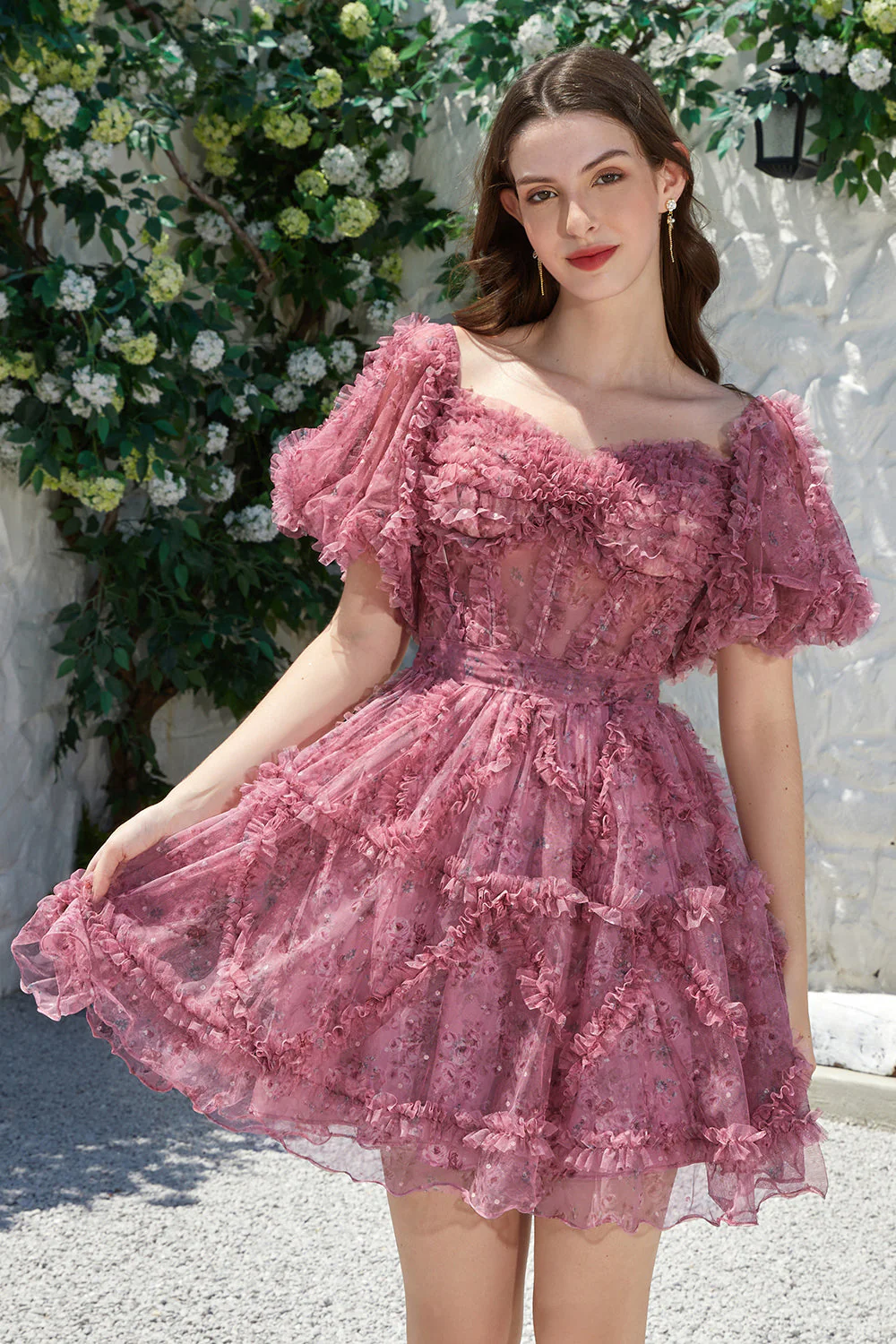 Piękna linia z ramienia Fuchsia Tulle Krótka sukienka Homecoming z krótkim rękawem - Image 9