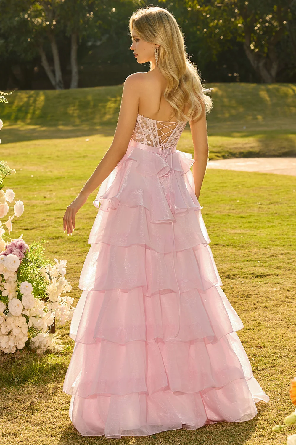 Pink Sweetheart A-Line Ruffled Corset Long Prom Dress with Slit - Image 2