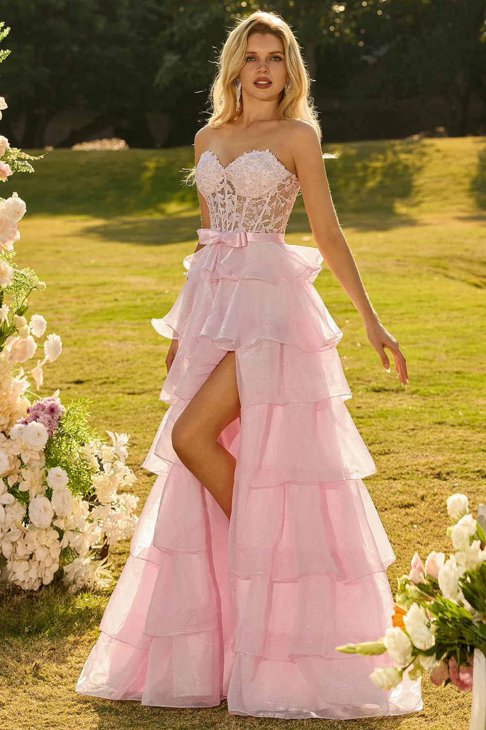 Pink Sweetheart A-Line Ruffled Corset Long Prom Dress with Slit - Image 4