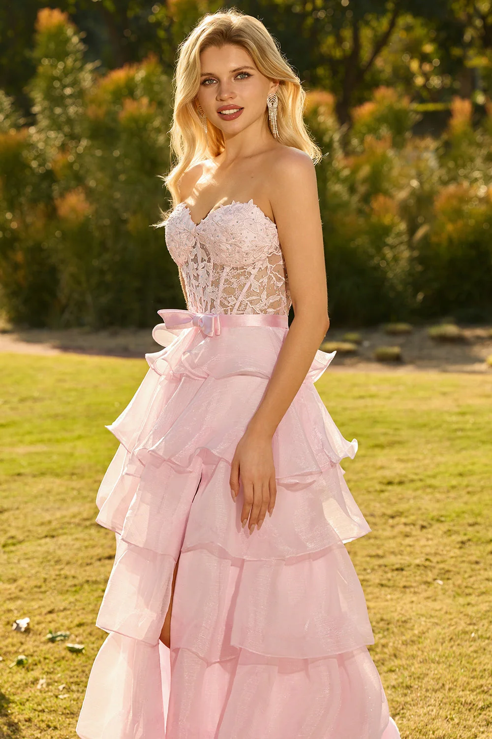 Pink Sweetheart A-Line Ruffled Corset Long Prom Dress with Slit - Image 5