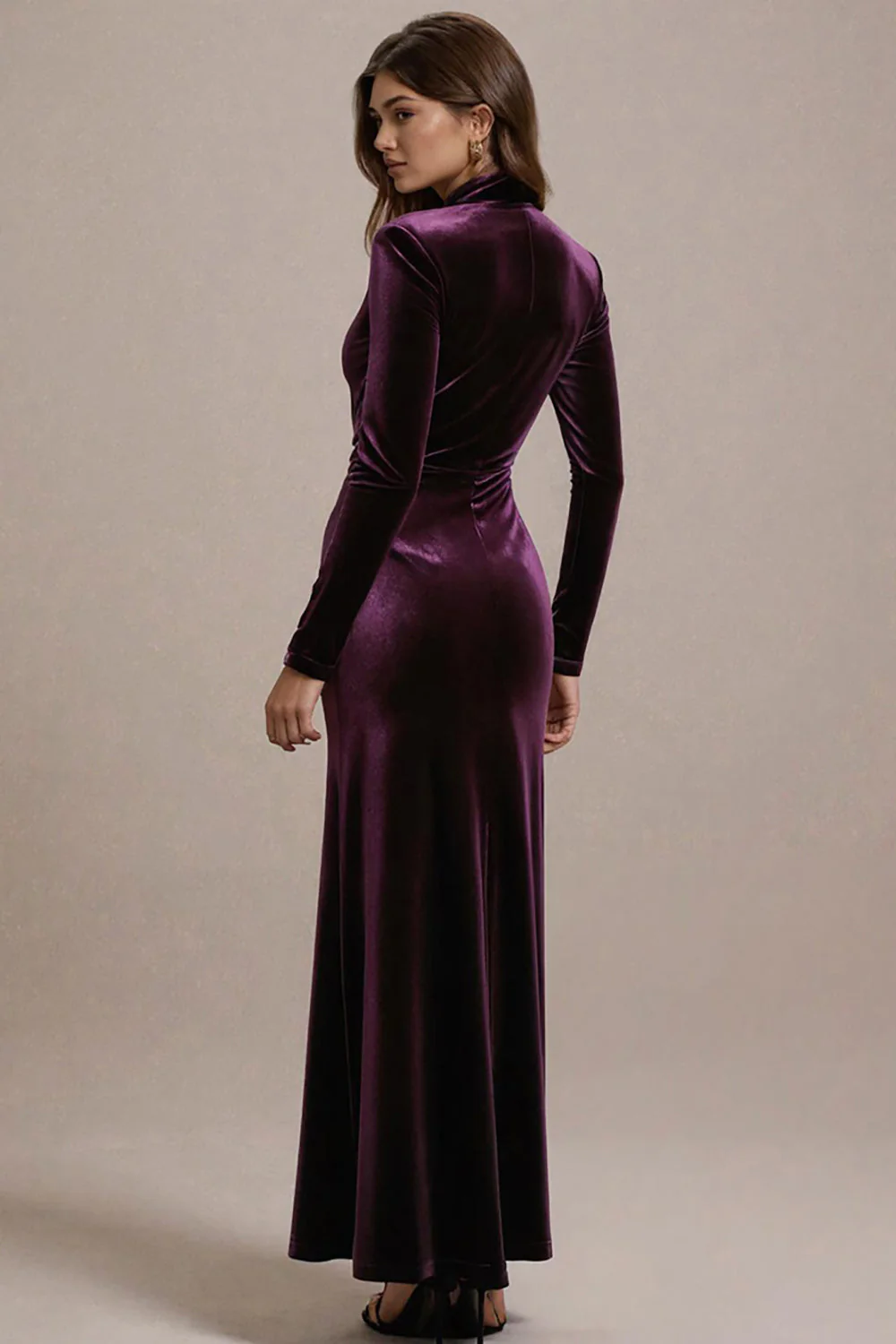 Plum Sheath Długie Rękawy Sukienka Wiązana Z Rozcięciem - Image 2