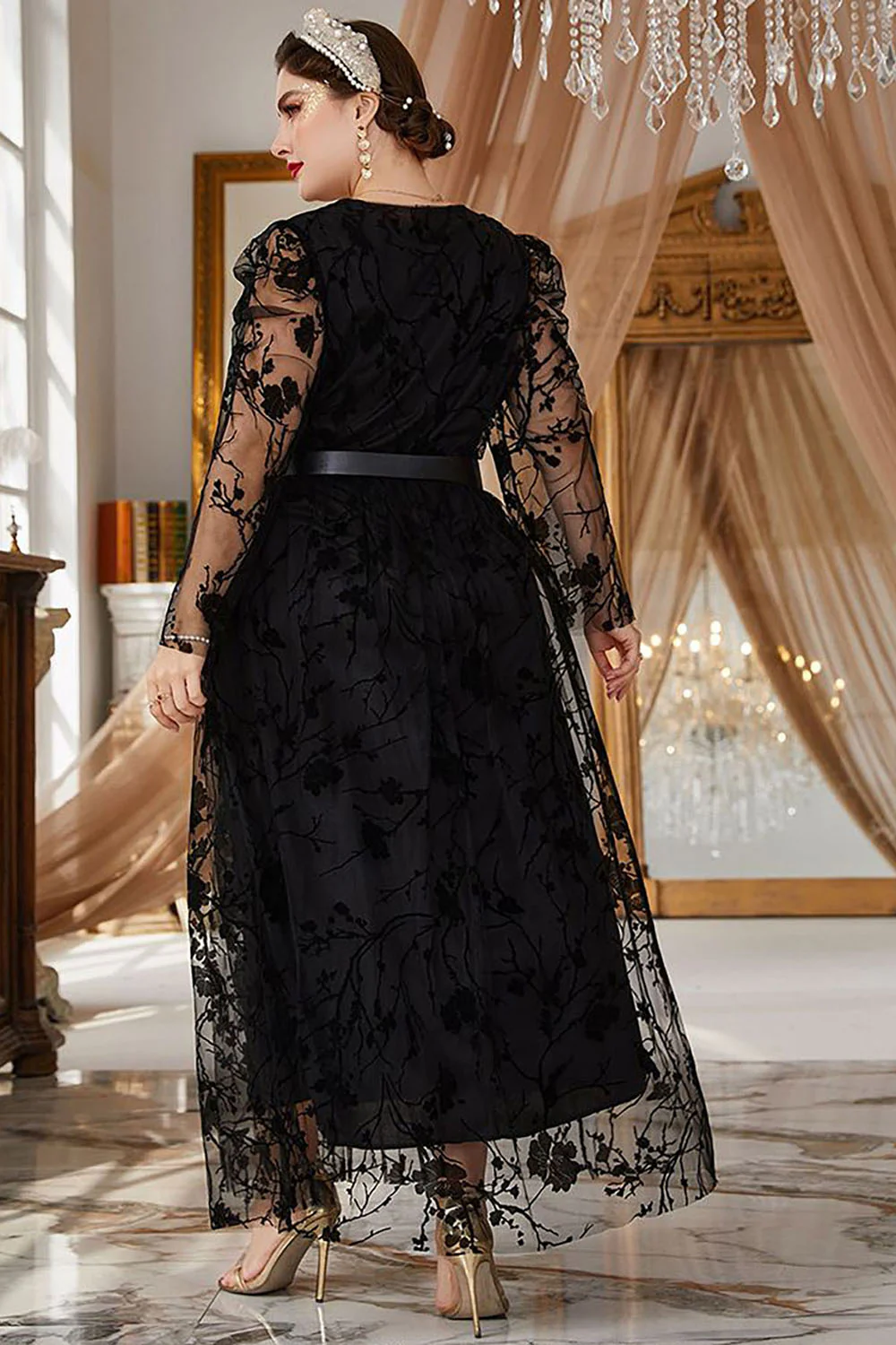 Plus Size Czarny Koronki Długie Rękawy Sukienka Na Studniówkę - Image 2
