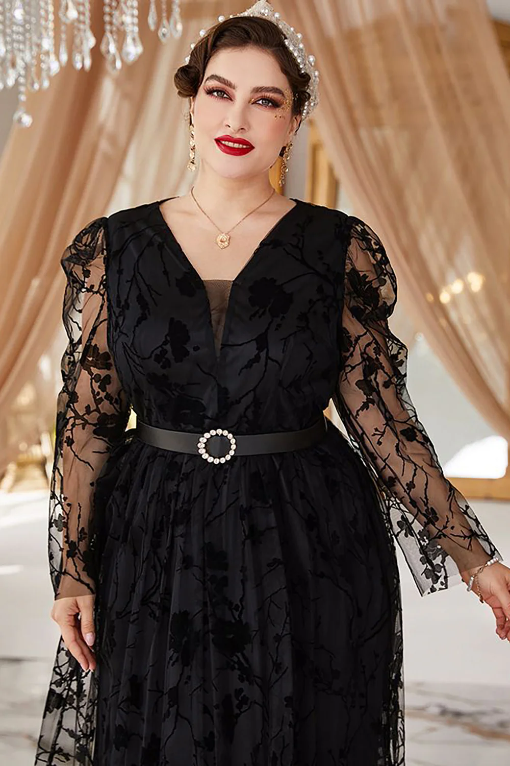 Plus Size Czarny Koronki Długie Rękawy Sukienka Na Studniówkę - Image 3