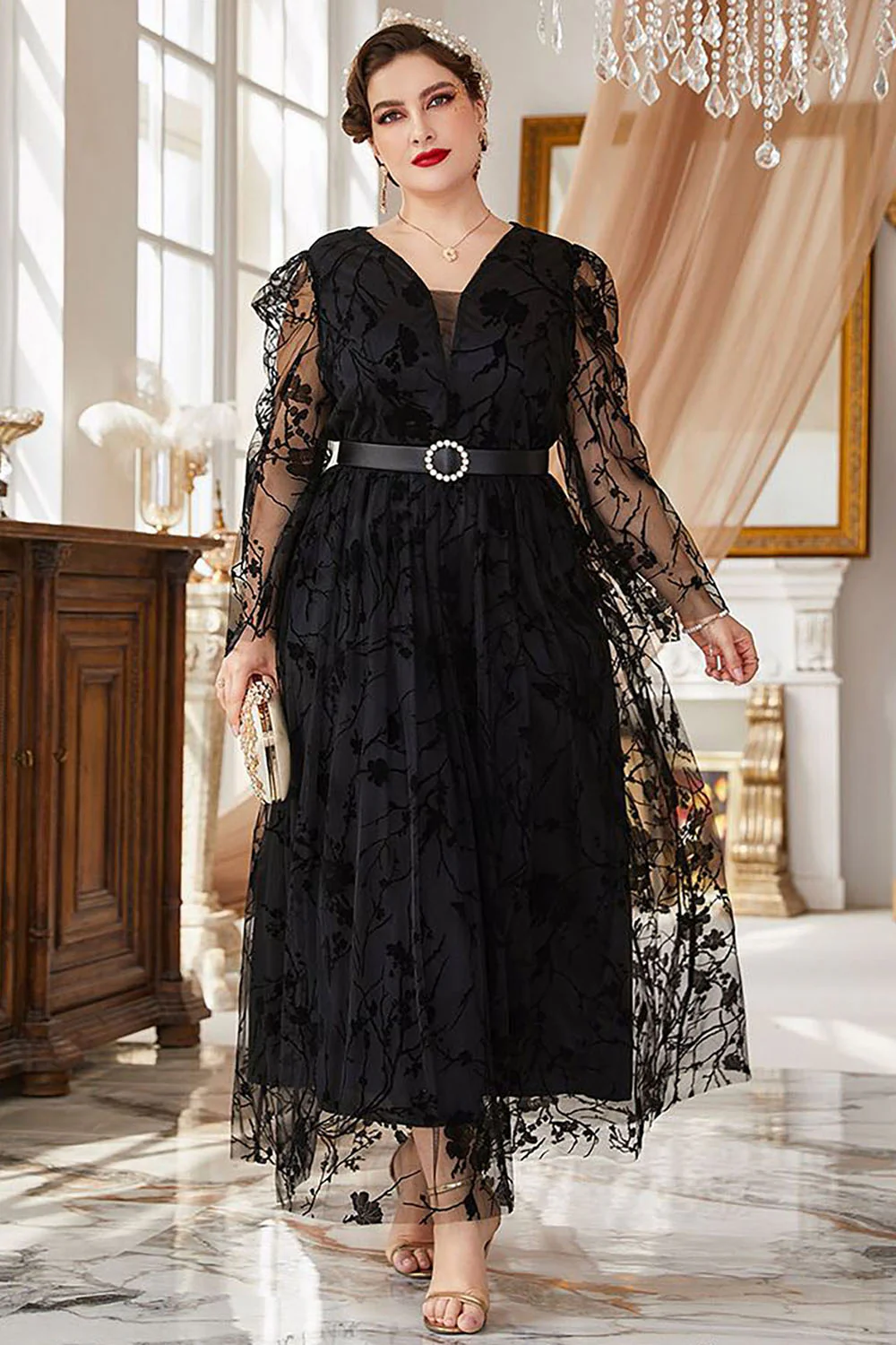 Plus Size Czarny Koronki Długie Rękawy Sukienka Na Studniówkę - Image 4