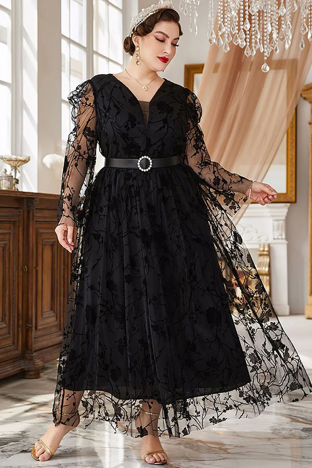 Plus Size Czarny Koronki Długie Rękawy Sukienka Na Studniówkę - Image 5