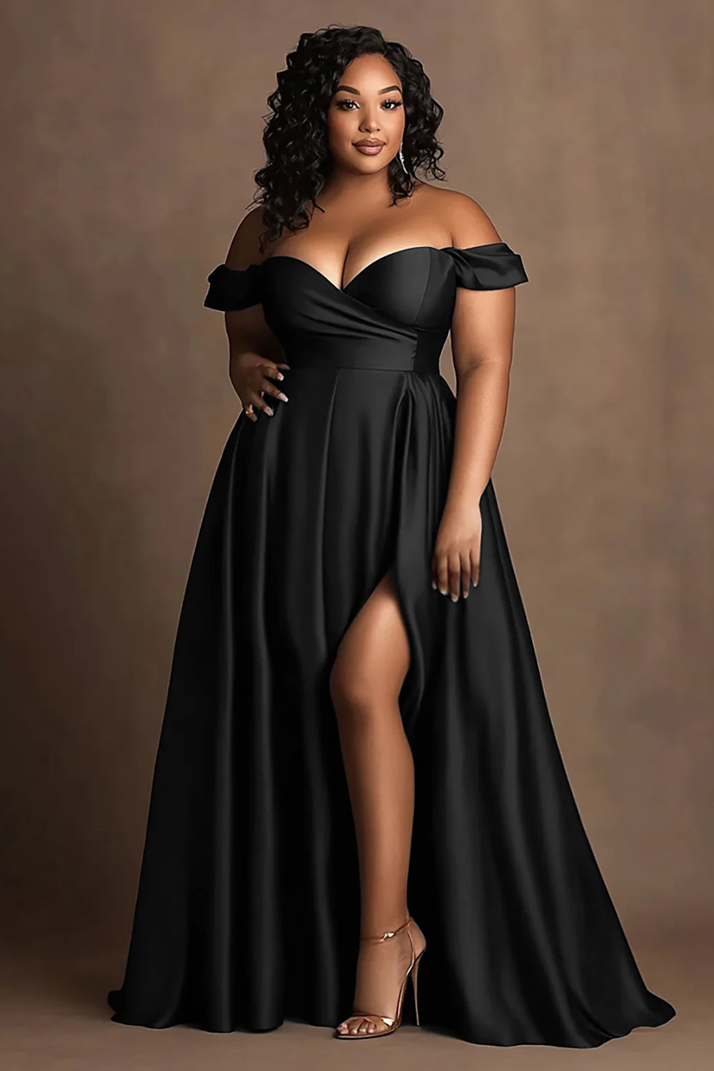 Plus Size Czerwony Satynowa Długa Sukienka Wizytowa Z Rozcięciem - Image 2