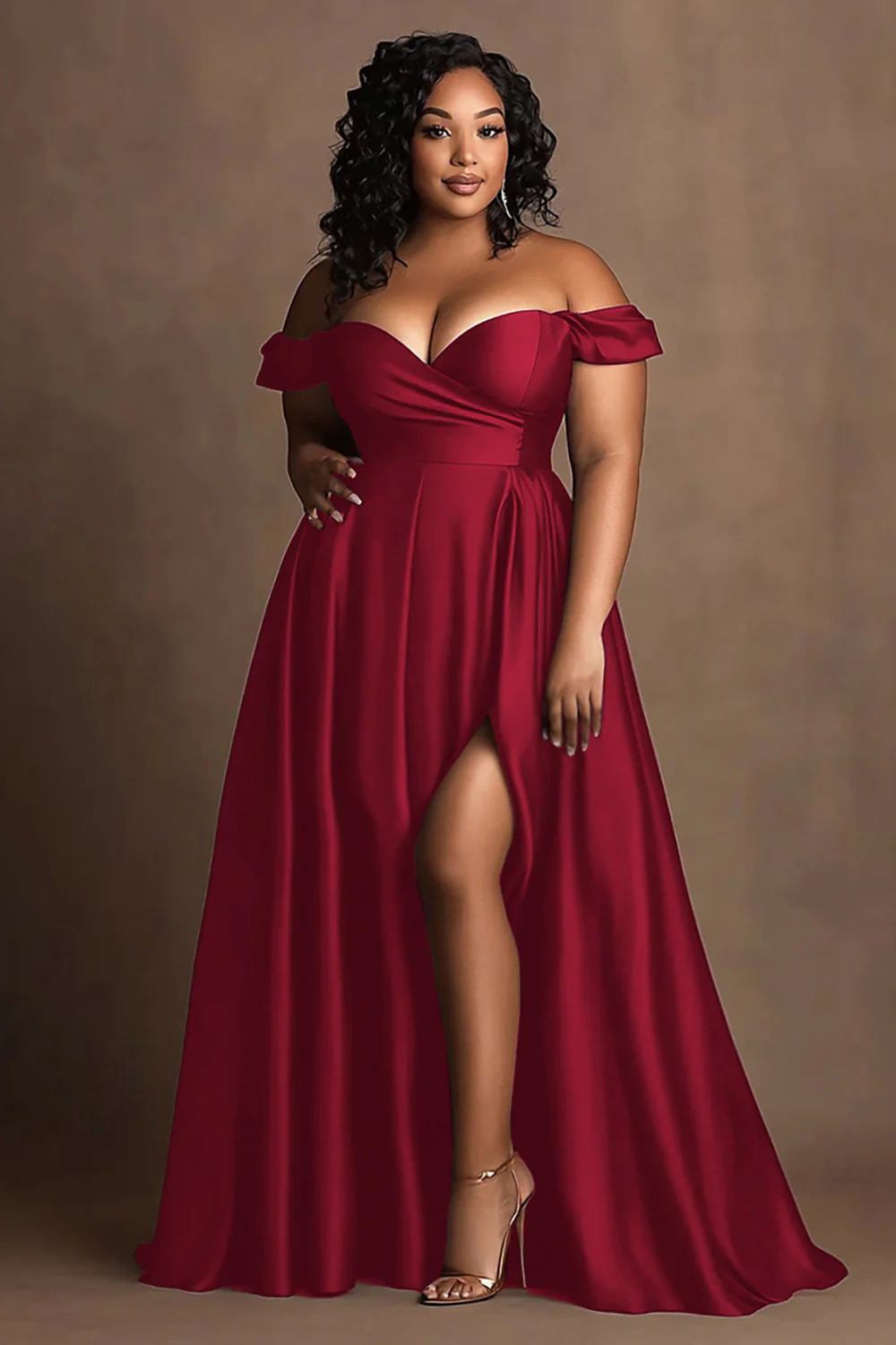 Plus Size Czerwony Satynowa Długa Sukienka Wizytowa Z Rozcięciem - Image 3