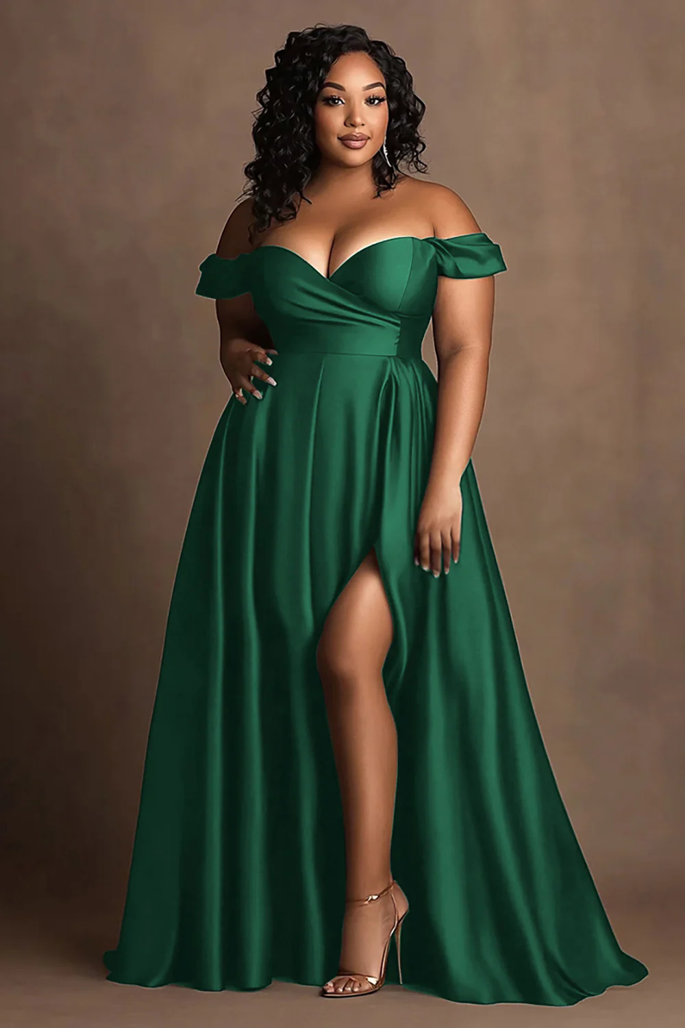 Plus Size Czerwony Satynowa Długa Sukienka Wizytowa Z Rozcięciem - Image 4
