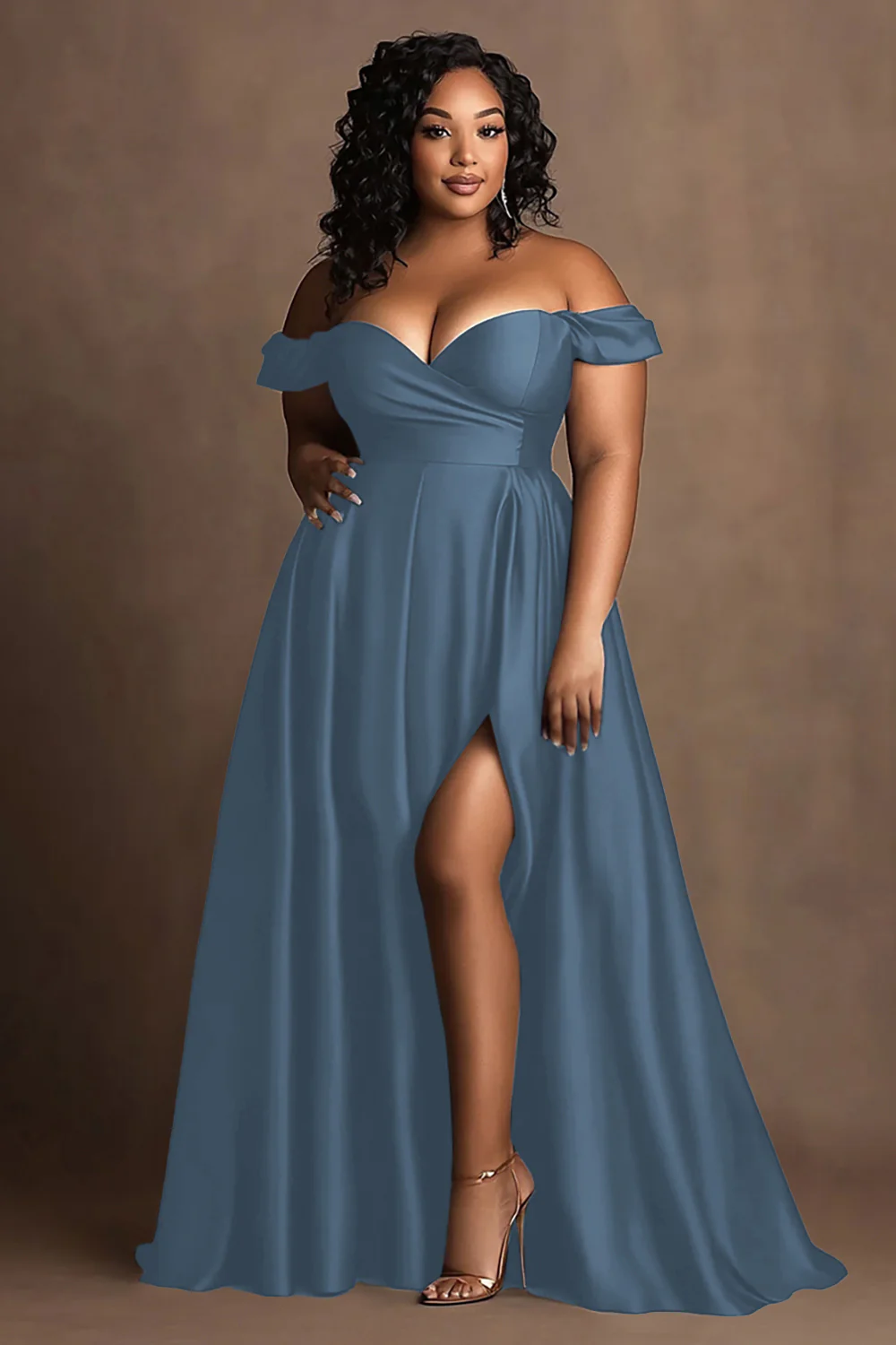Plus Size Czerwony Satynowa Długa Sukienka Wizytowa Z Rozcięciem - Image 5