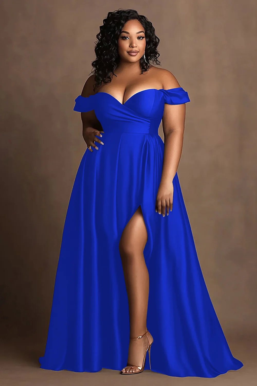Plus Size Czerwony Satynowa Długa Sukienka Wizytowa Z Rozcięciem - Image 6