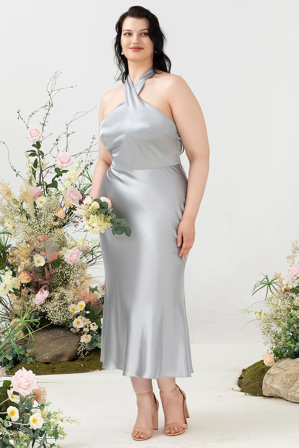 Plus Size Dekolt Halter Srebrna Sukienki Na Wesele - Image 3