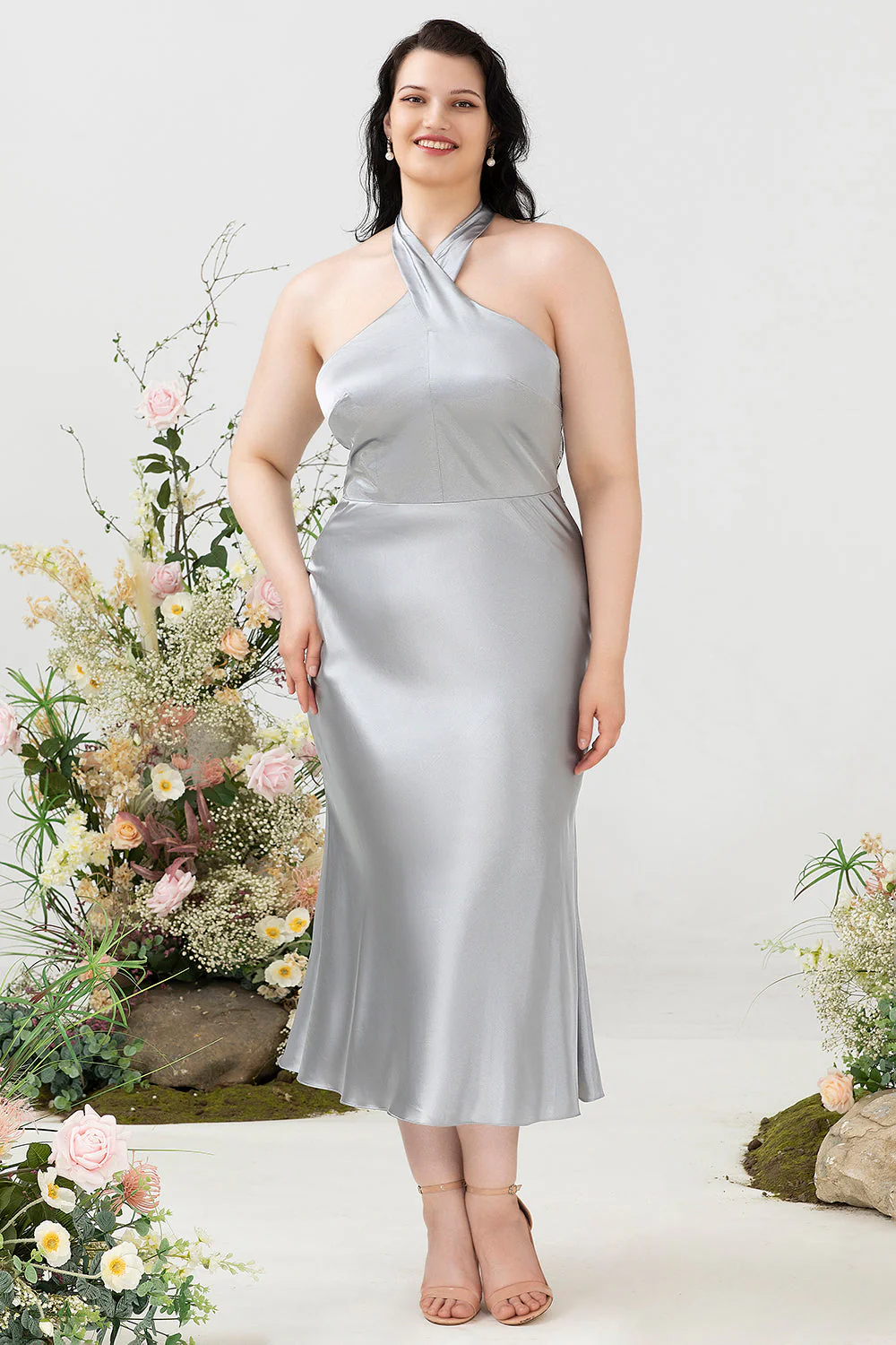 Plus Size Dekolt Halter Srebrna Sukienki Na Wesele - Image 4