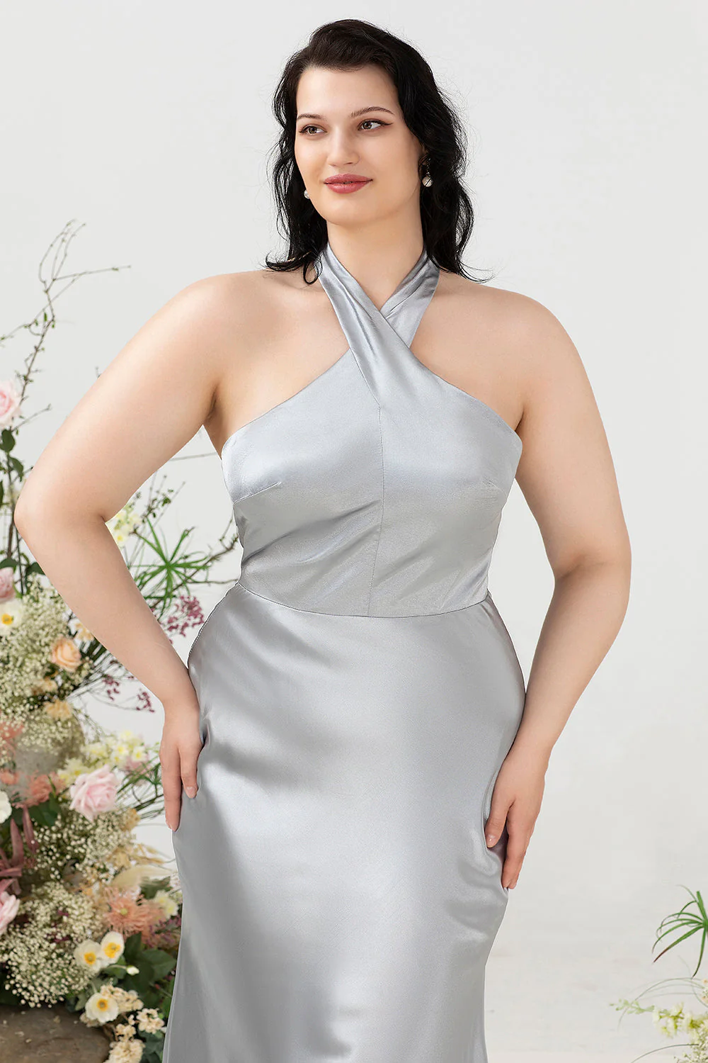 Plus Size Dekolt Halter Srebrna Sukienki Na Wesele - Image 5