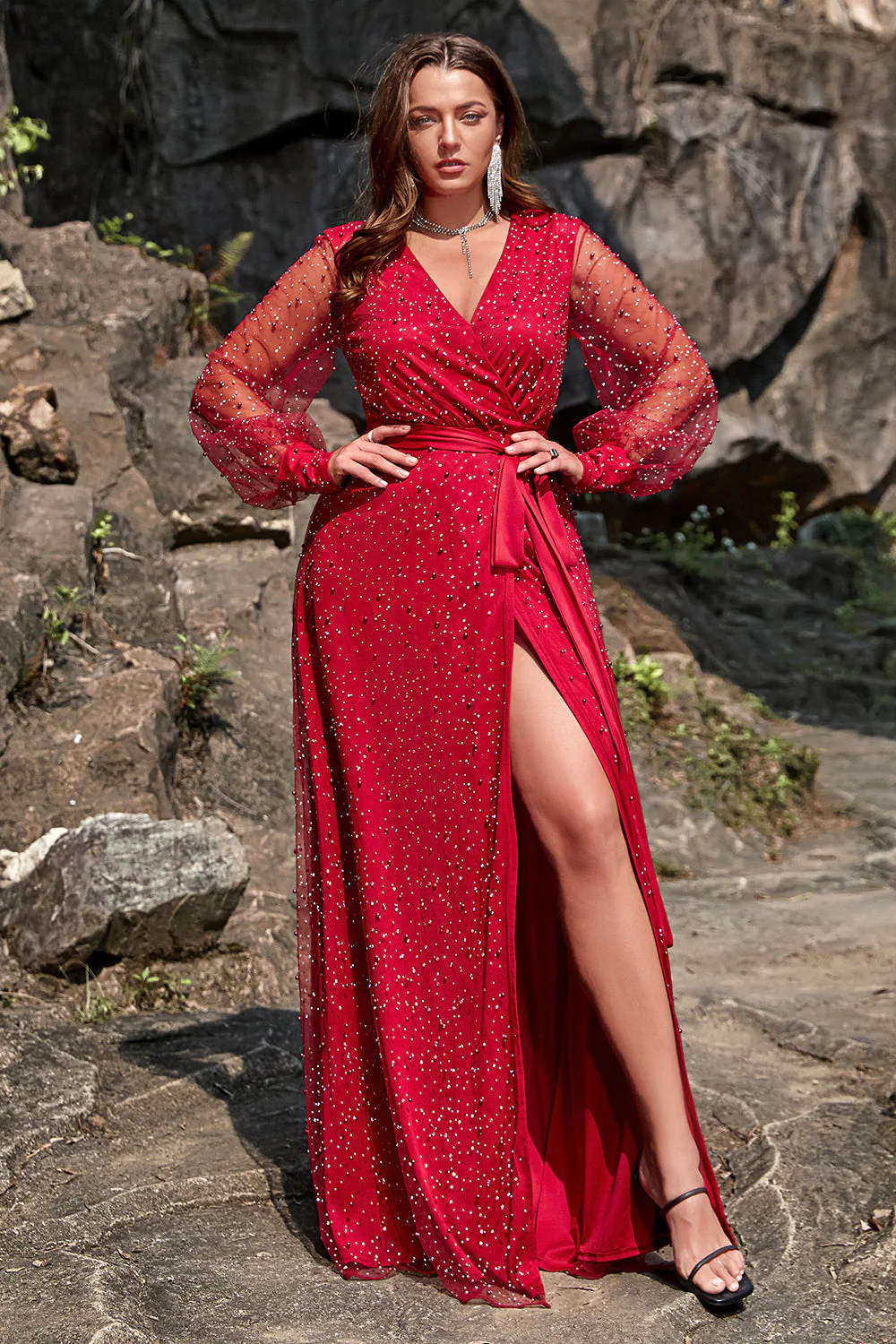 Plus Size Dekolt V Czerwona Sukienki Wieczorowe Z Dlugim Rekawem - Image 5