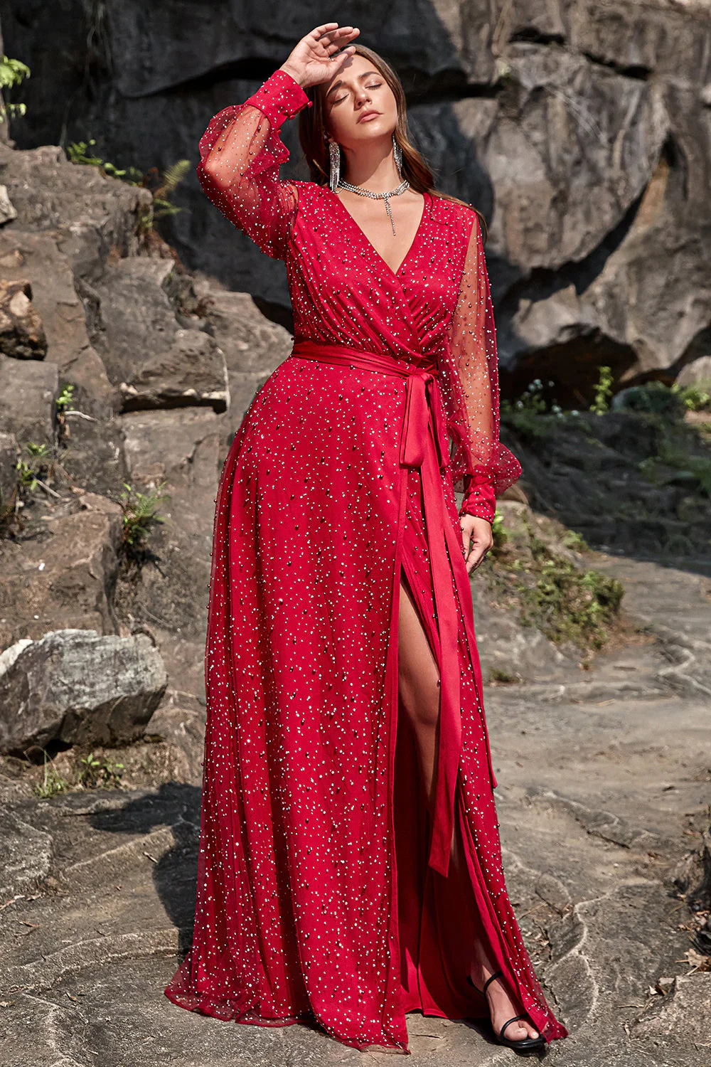Plus Size Dekolt V Czerwona Sukienki Wieczorowe Z Dlugim Rekawem - Image 6