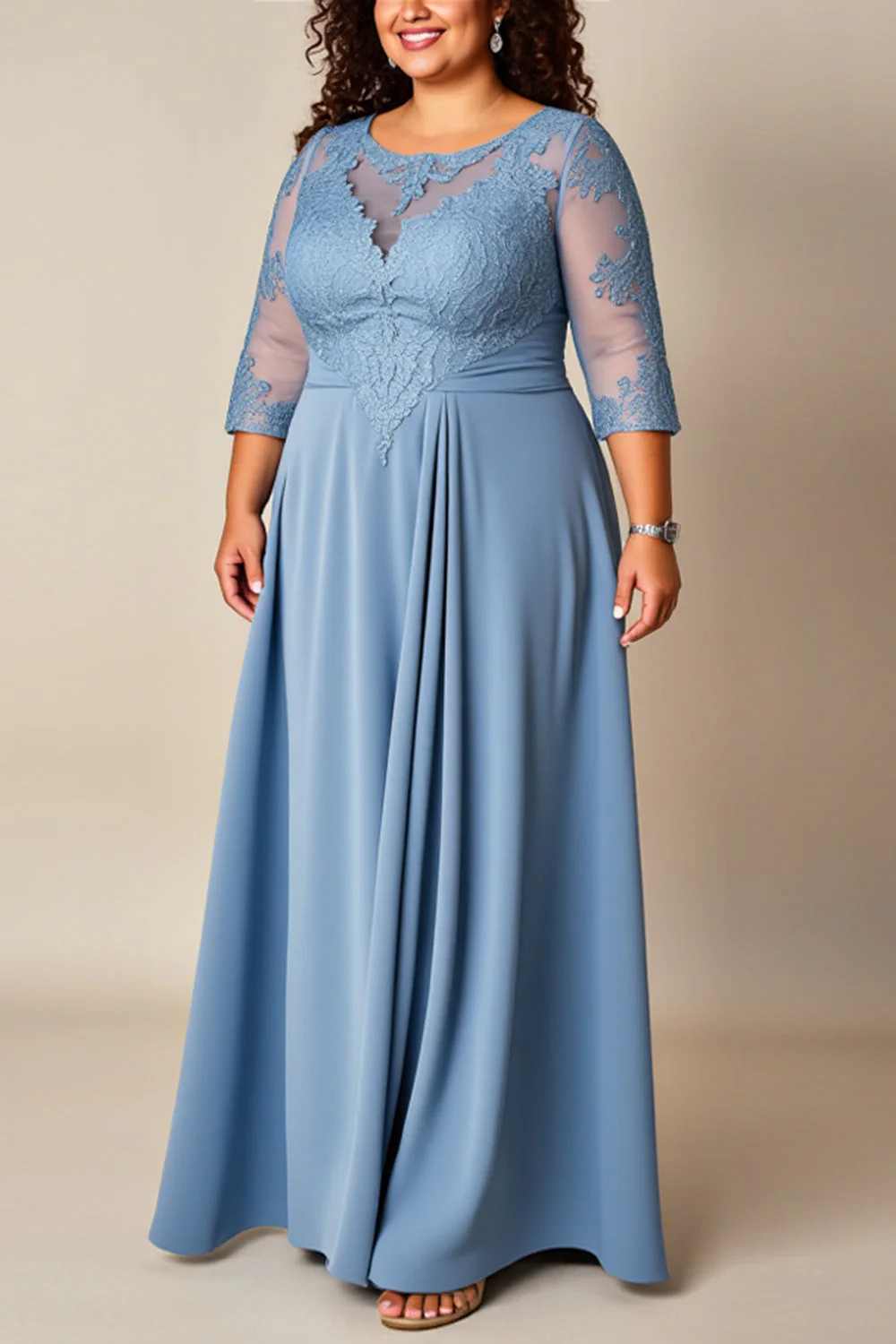 Plus Size Dusty Blue A Line Długa Sukienka Z Aplikacją Dla Matki Panny Młodej - Image 3
