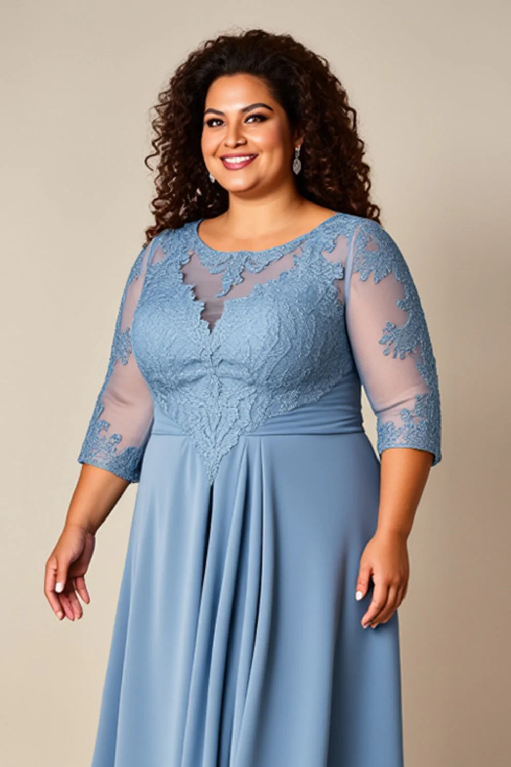 Plus Size Dusty Blue A Line Długa Sukienka Z Aplikacją Dla Matki Panny Młodej - Image 4