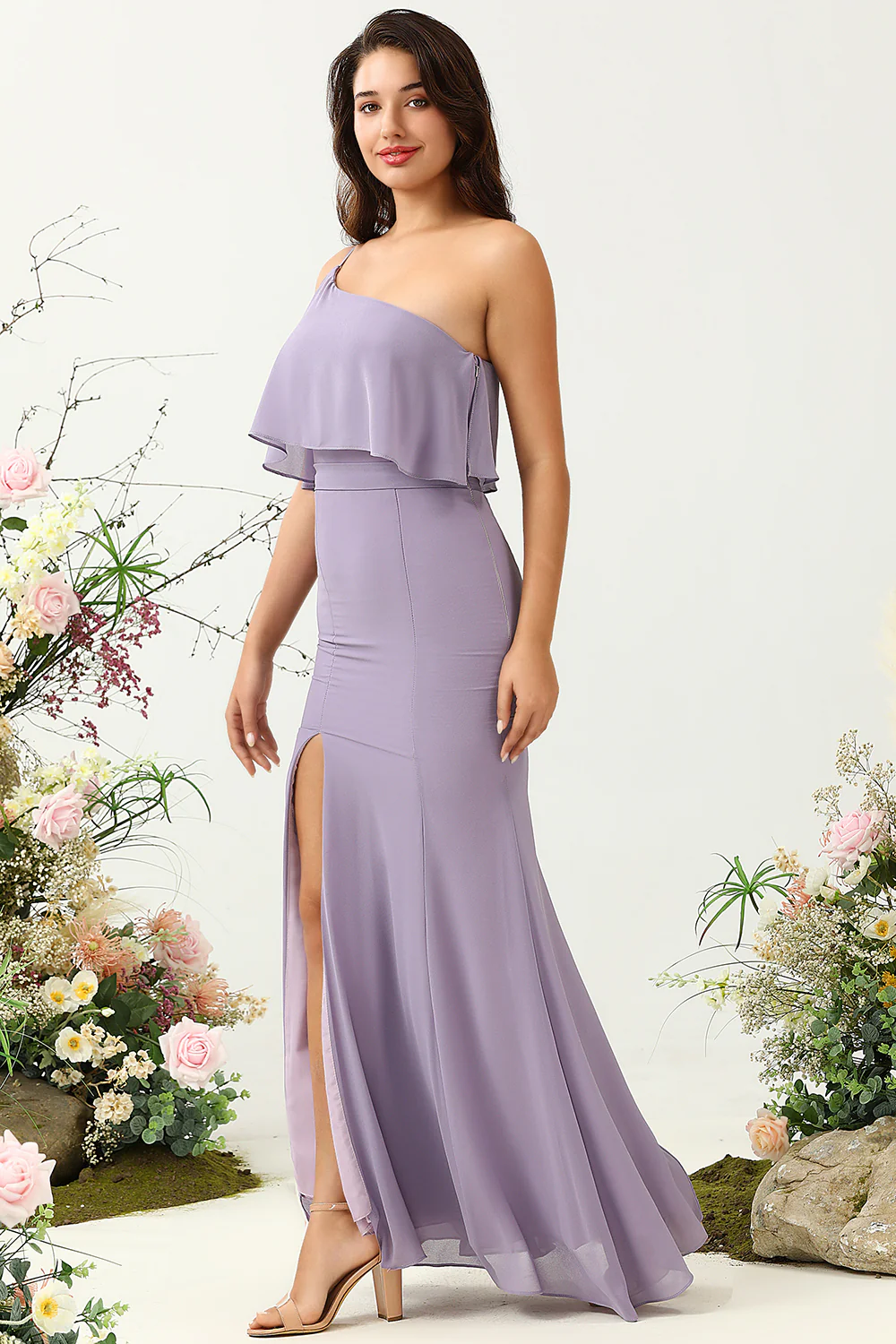 Plus Size Fioletowe Sukienki Dla Druhny Na Jedno Ramię z Rozcięciem - Image 3
