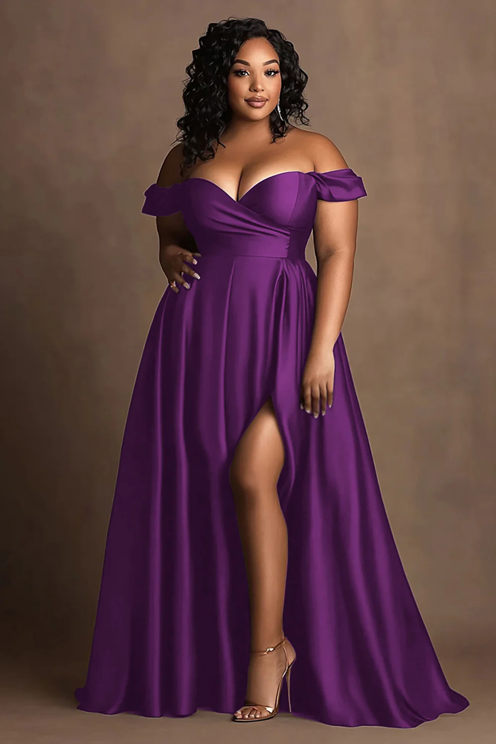Granatowa Satynowa Plus Size Długa Kształcie Litery A Sukienka Wieczorowe z Rozcięciem - Image 10