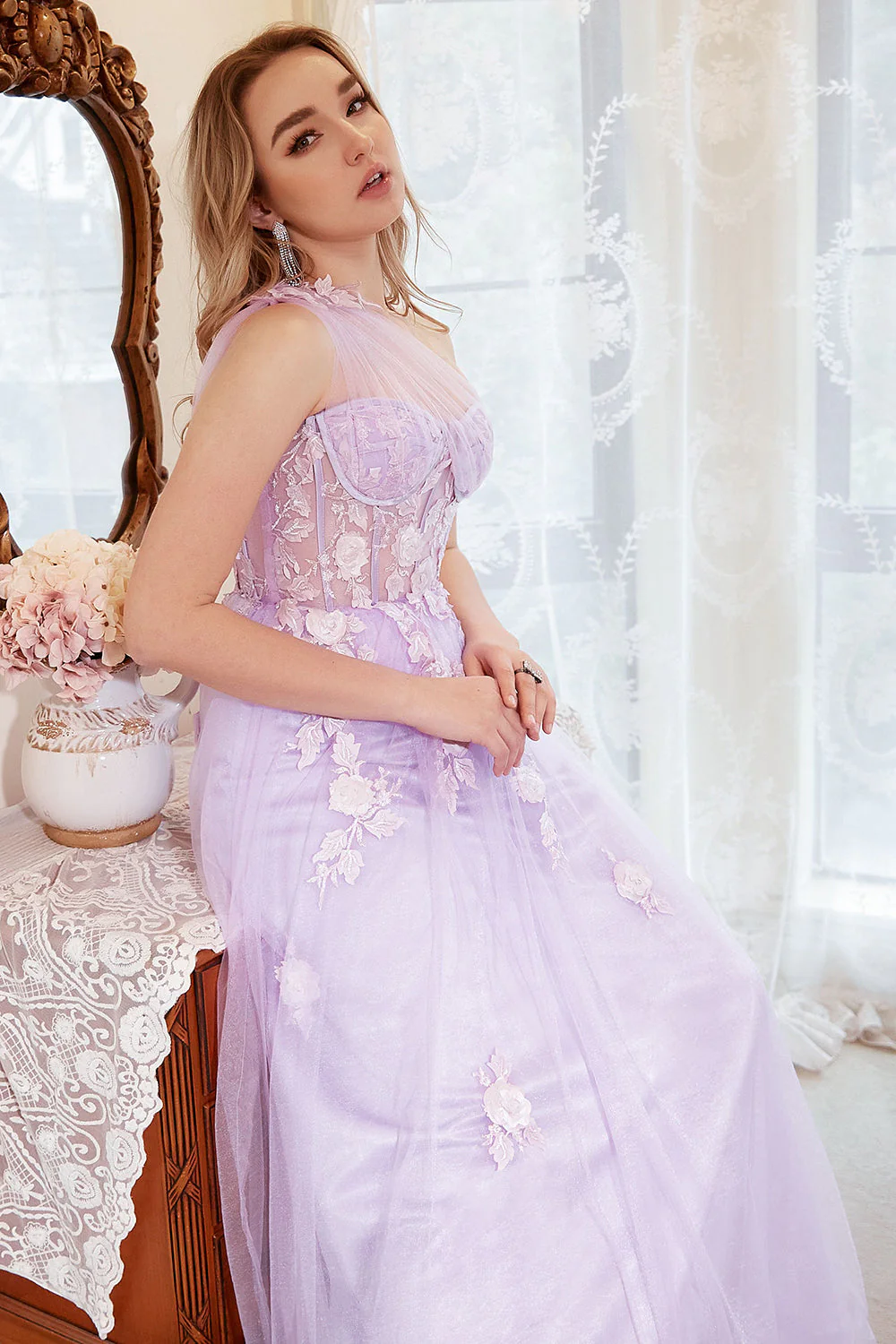 Plus Size Jedno Ramię Fioletowa Sukienka Na Studniówkę z Aplikacjami - Image 5