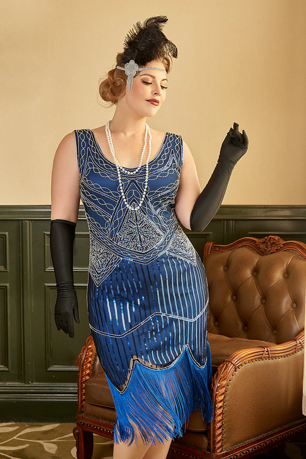 Plus Size Królewska Niebieska Cekinowa Sukienka Wielki Gatsby z Frędzlami z Zestawem Akcesoria Lata 20 - Image 6