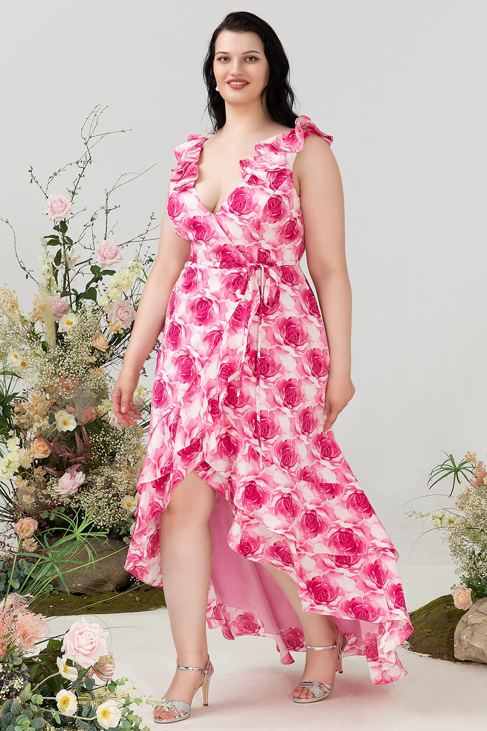 Plus Size Kwiatowy Nadruk Sukienki Dla Druhny Bez Rękawów - Image 4