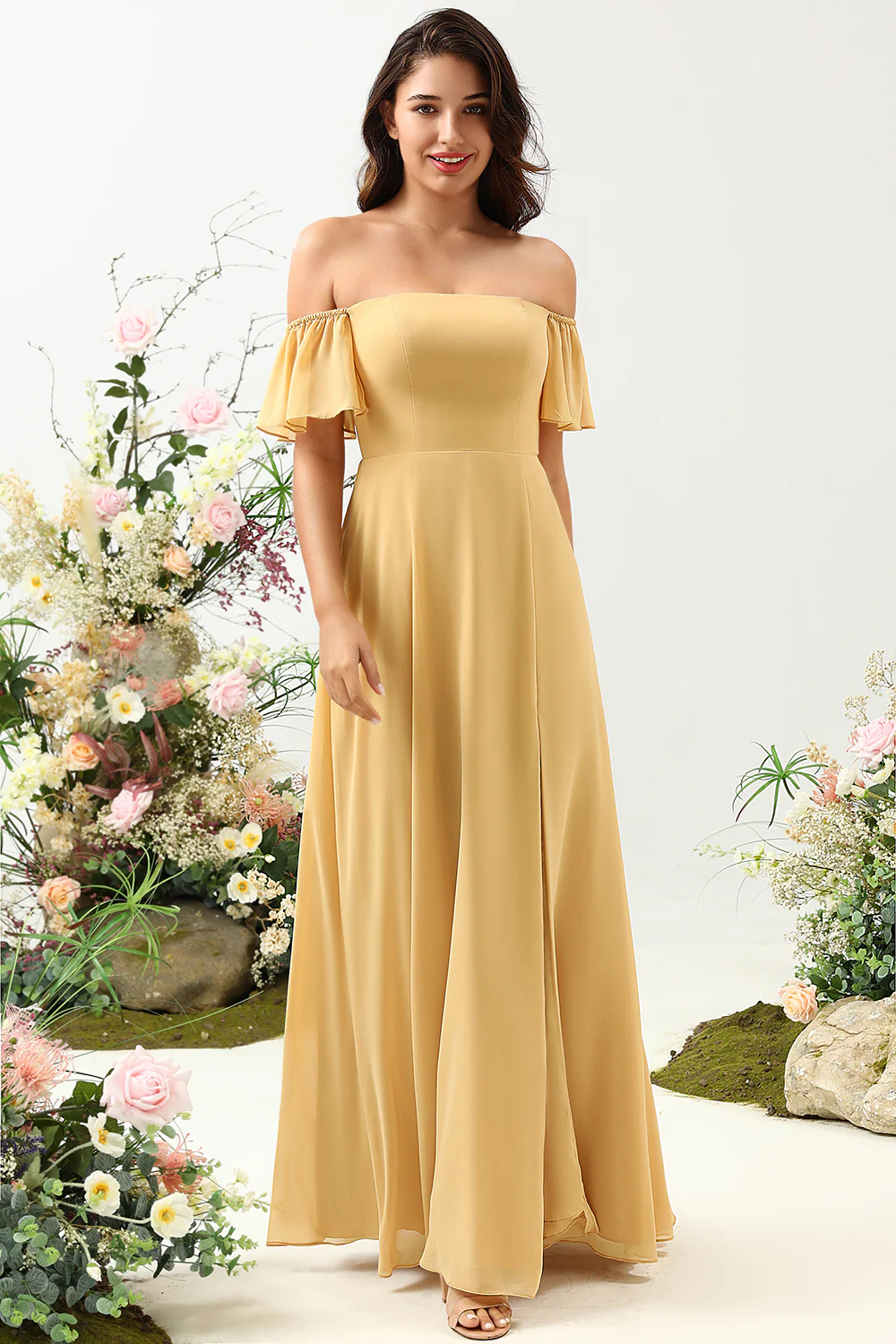 Plus Size Kwiatowy Nadruk Żółta Sukienki Dla Druhny z Odkrytymi Ramionami - Image 7