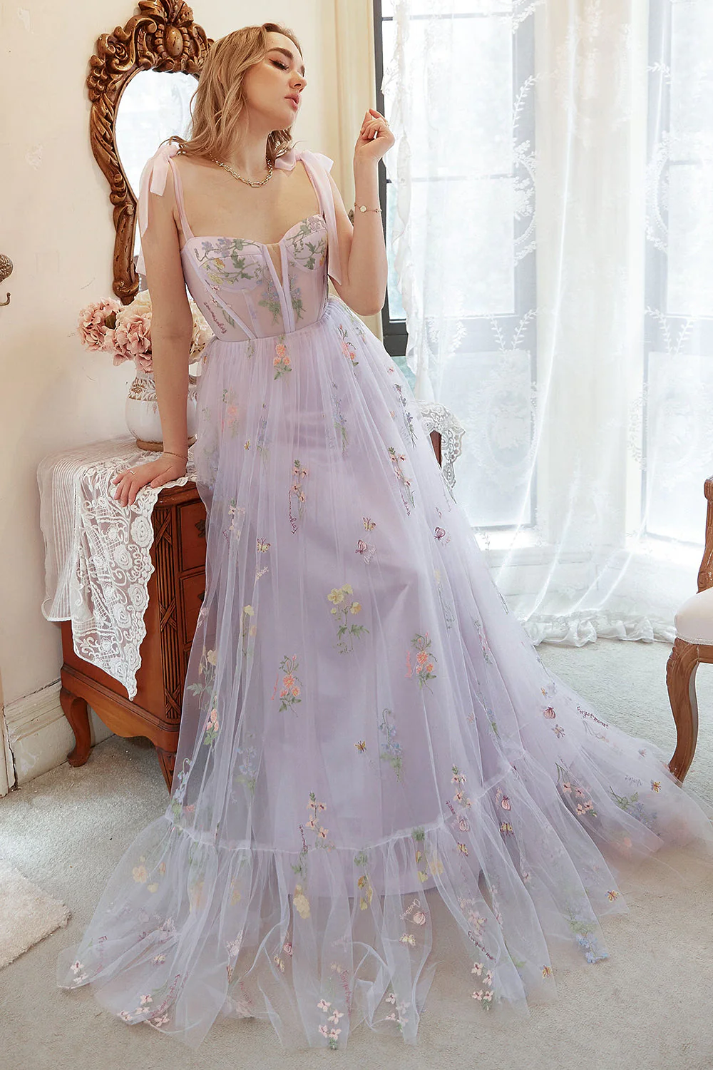 Plus Size Tiulowa Fioletowe Sukienka Na Studniówkę z Gorsetem z Haftem - Image 3