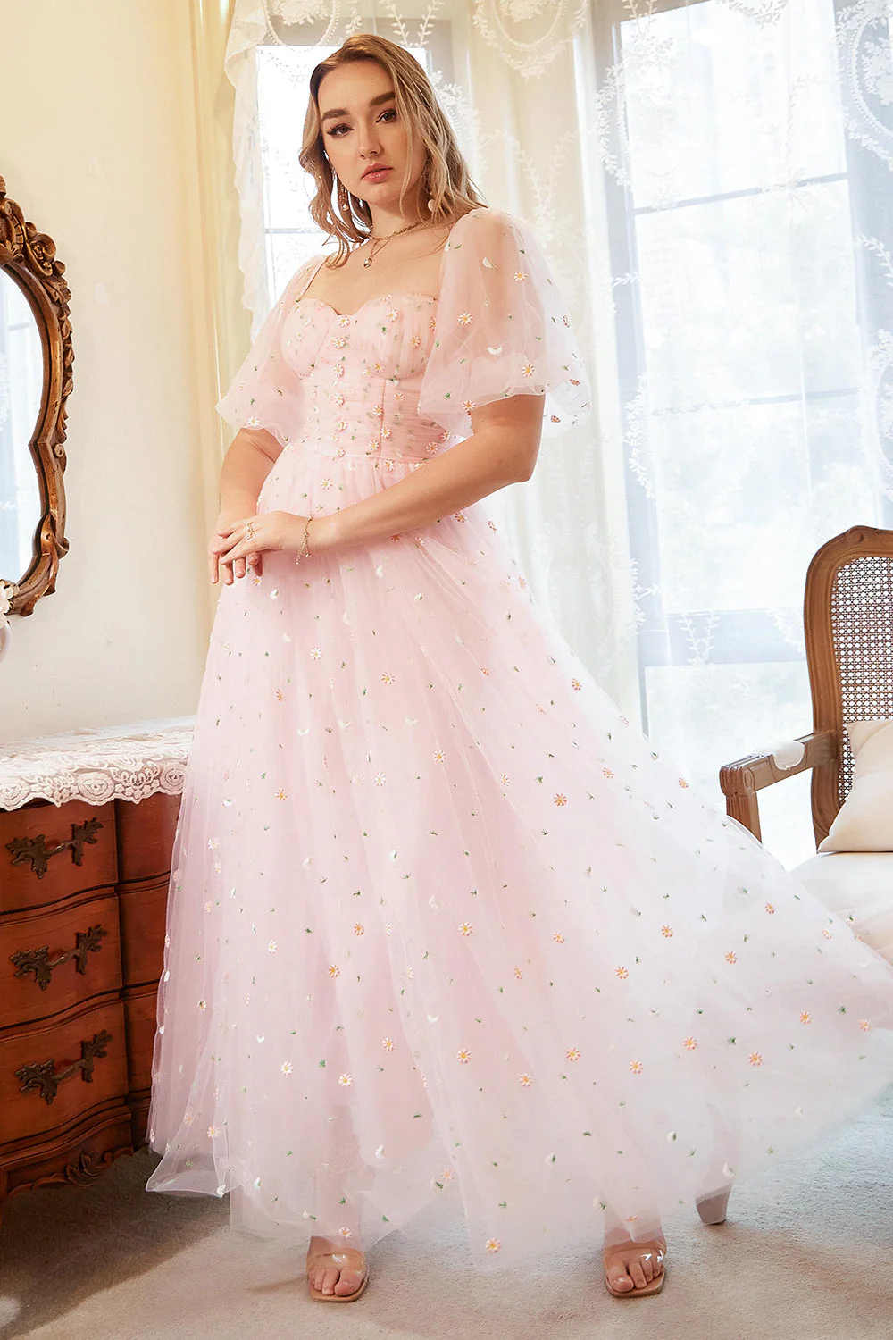 Plus Size Tiulowa Różowa Sukienki Na Studniówke z Haftem - Image 5
