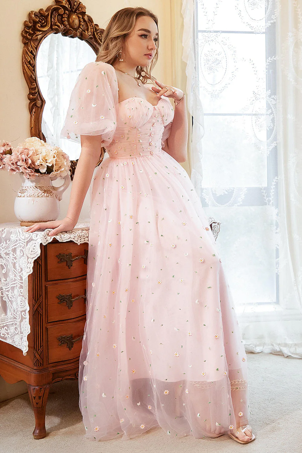 Plus Size Tiulowa Różowa Sukienki Na Studniówke z Haftem - Image 6