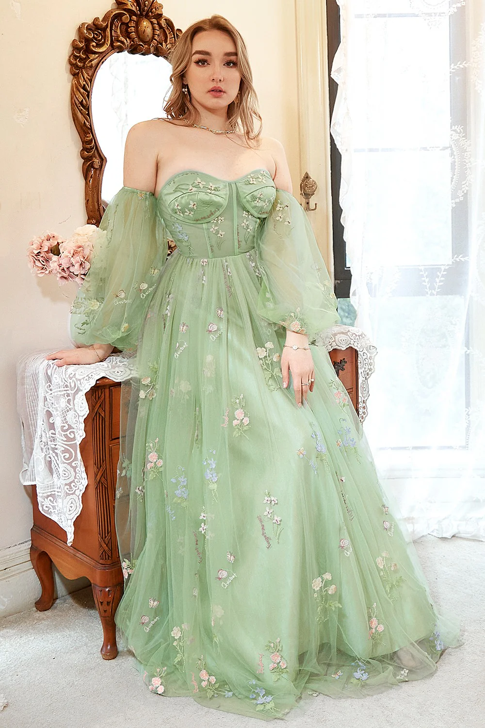 Plus Size Tiulowa Zielona Sukienka Na Studniówkę z Haftem - Image 6