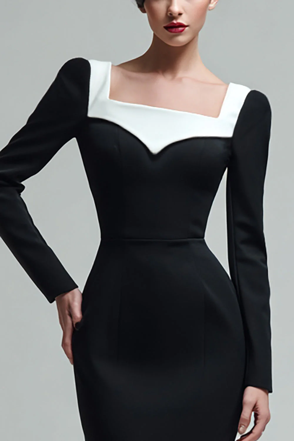 pochwa, kwadratowy dekolt z długim rękawem Midi Work Dress - Image 3
