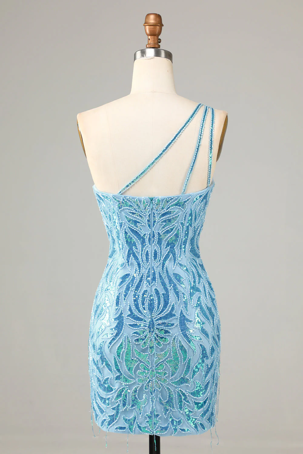 Pochwa One Shoulder Blue Sequins Krótka sukienka Homecoming z frędzlami - Image 2