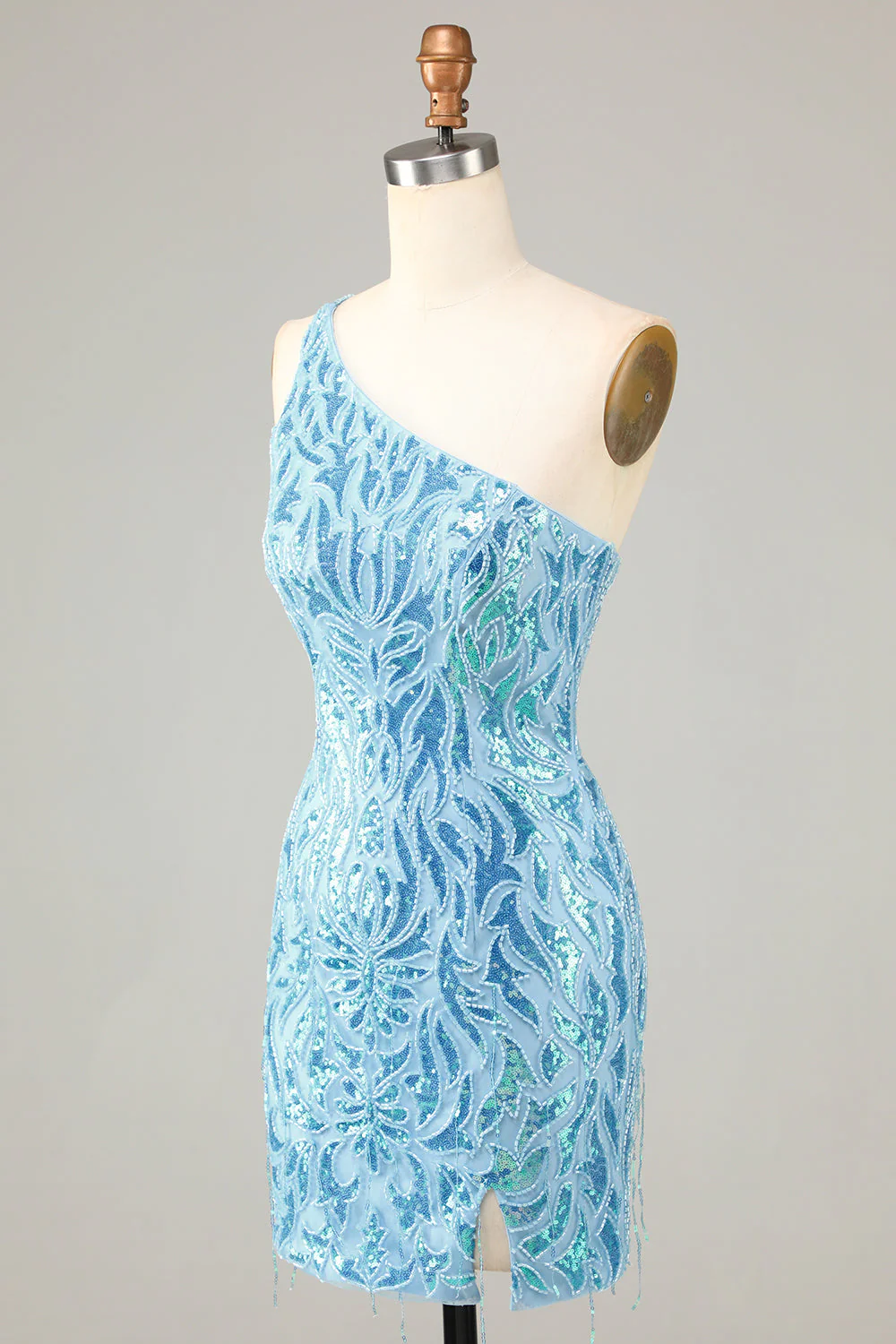 Pochwa One Shoulder Blue Sequins Krótka sukienka Homecoming z frędzlami - Image 3