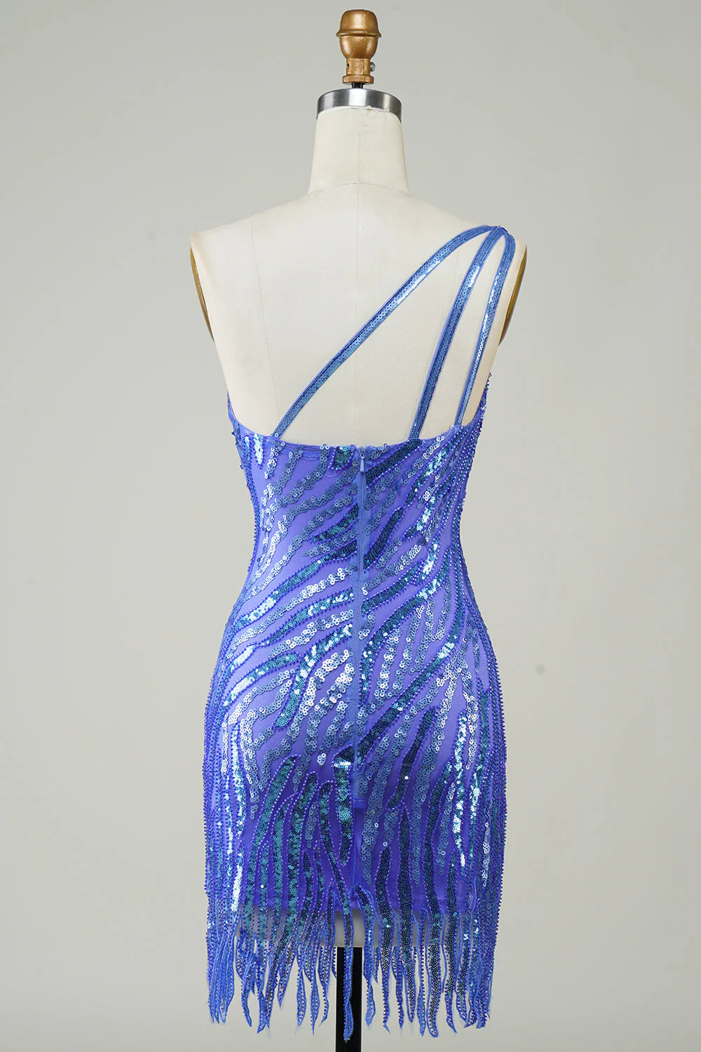 Pochwa One Shoulder Blue Sequins Krótka sukienka Homecoming z frędzlami - Image 2