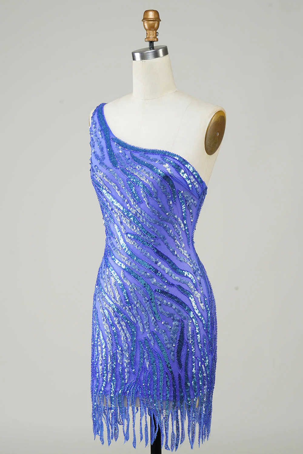 Pochwa One Shoulder Blue Sequins Krótka sukienka Homecoming z frędzlami - Image 3