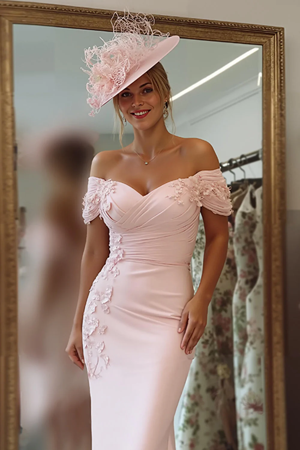 Pochwa z ramion Różowa różowa sukienka dla matki panny młodej z aplikacjami - Image 2