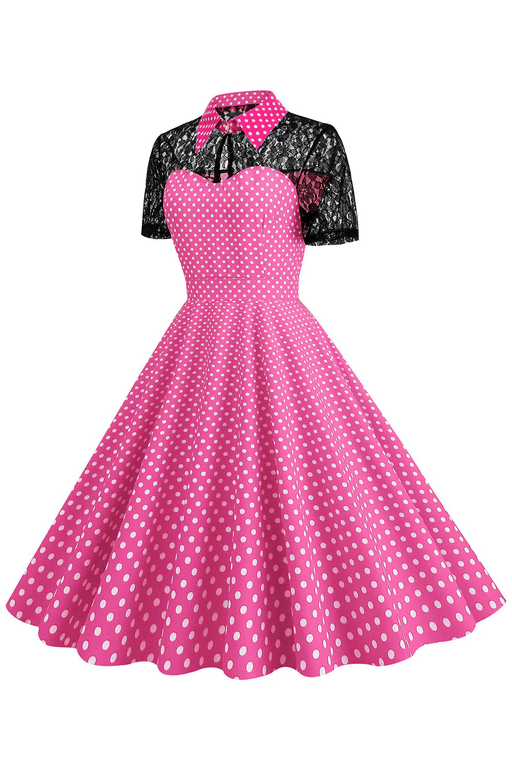 Polka Dots Różowy Piotruś Pan Vintage Sukienka z koronką - Image 3