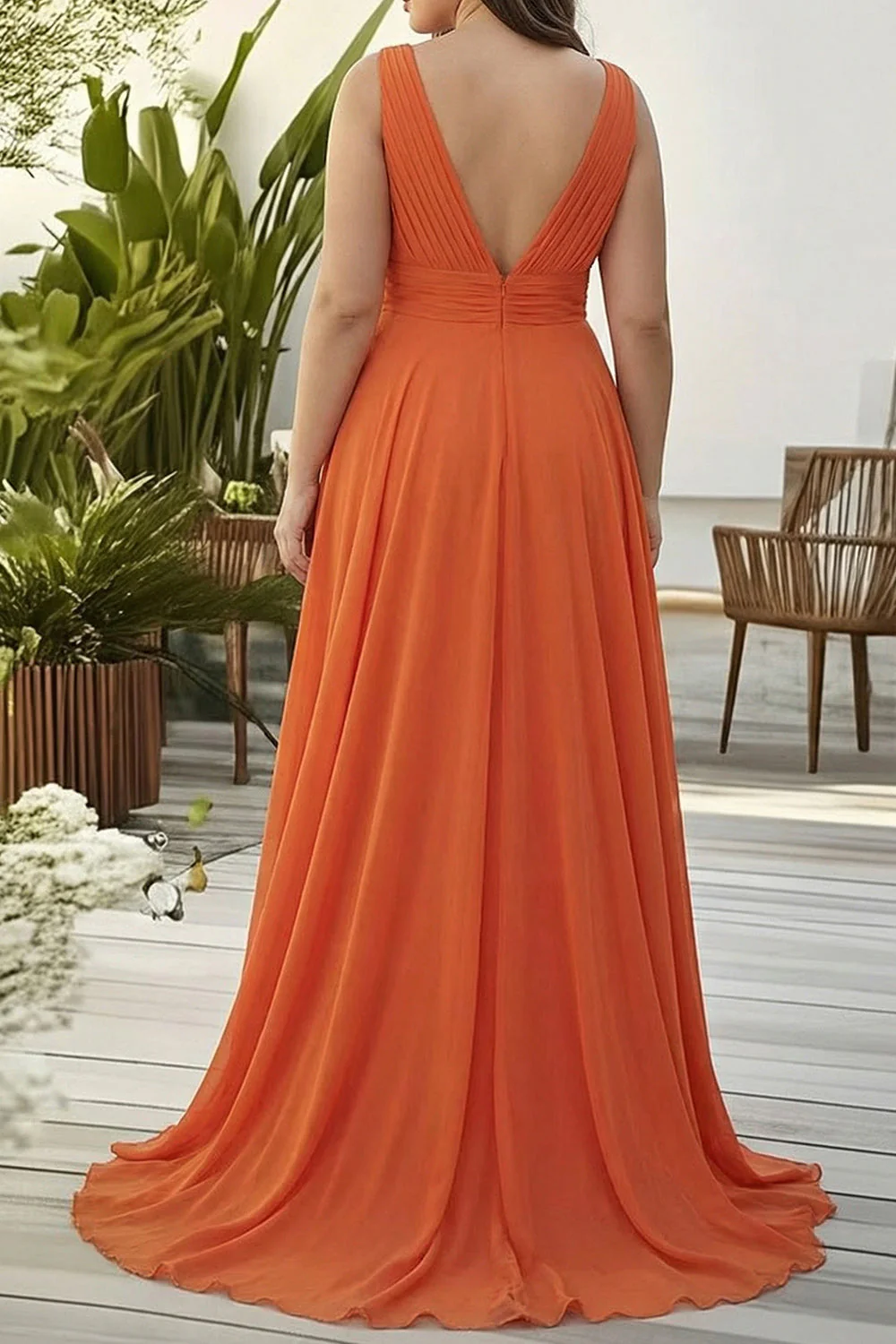 Pomarańczowa falbaniasta w serce w serek A Line długa szyfonowa sukienka gościnna plus size - Image 2