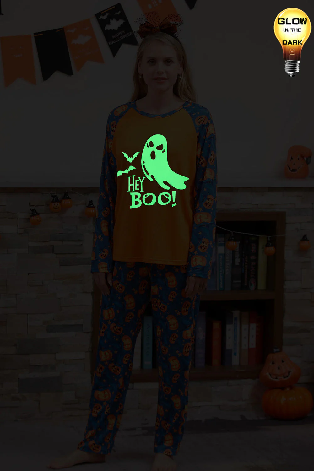Pomarańczowa Rodzinna Piżama Halloween Z Nadrukiem Dyni (Długie Rękawy) - Image 11
