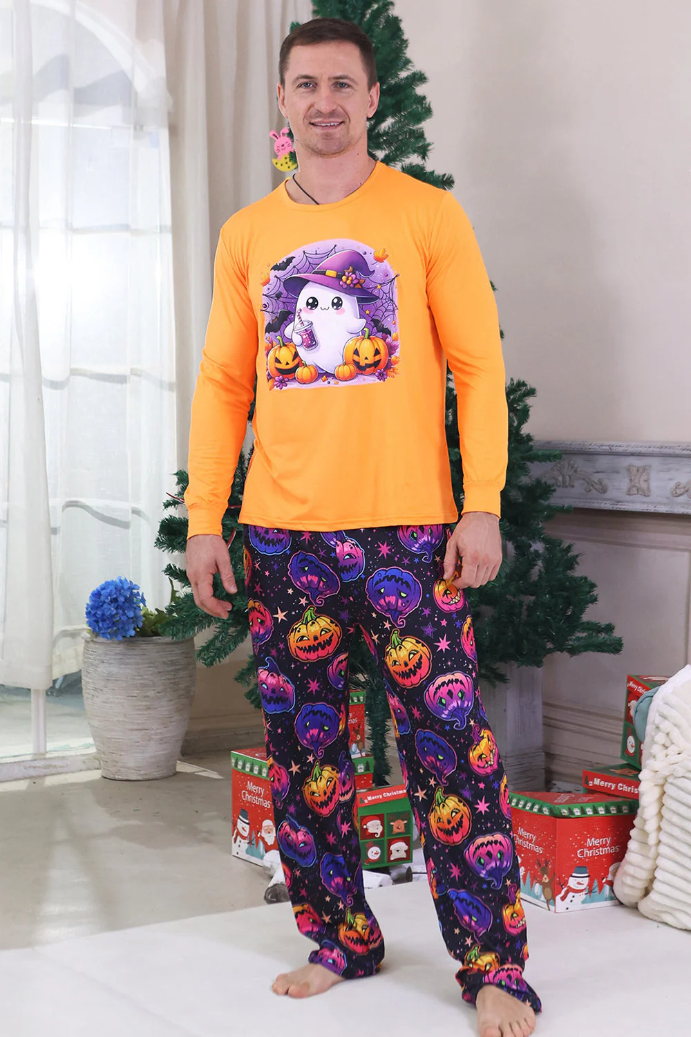 Pomarańczowa Halloween Długim Rękawem Rodzinna Świąteczna Piżama - Image 3