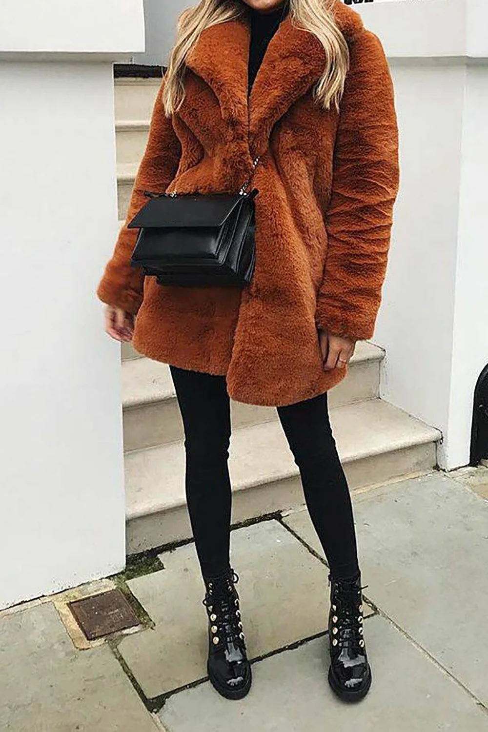 Pomarańczowy dekolt z klapami Otwarty przód Faux Fur Midi Płaszcz damski - Image 2