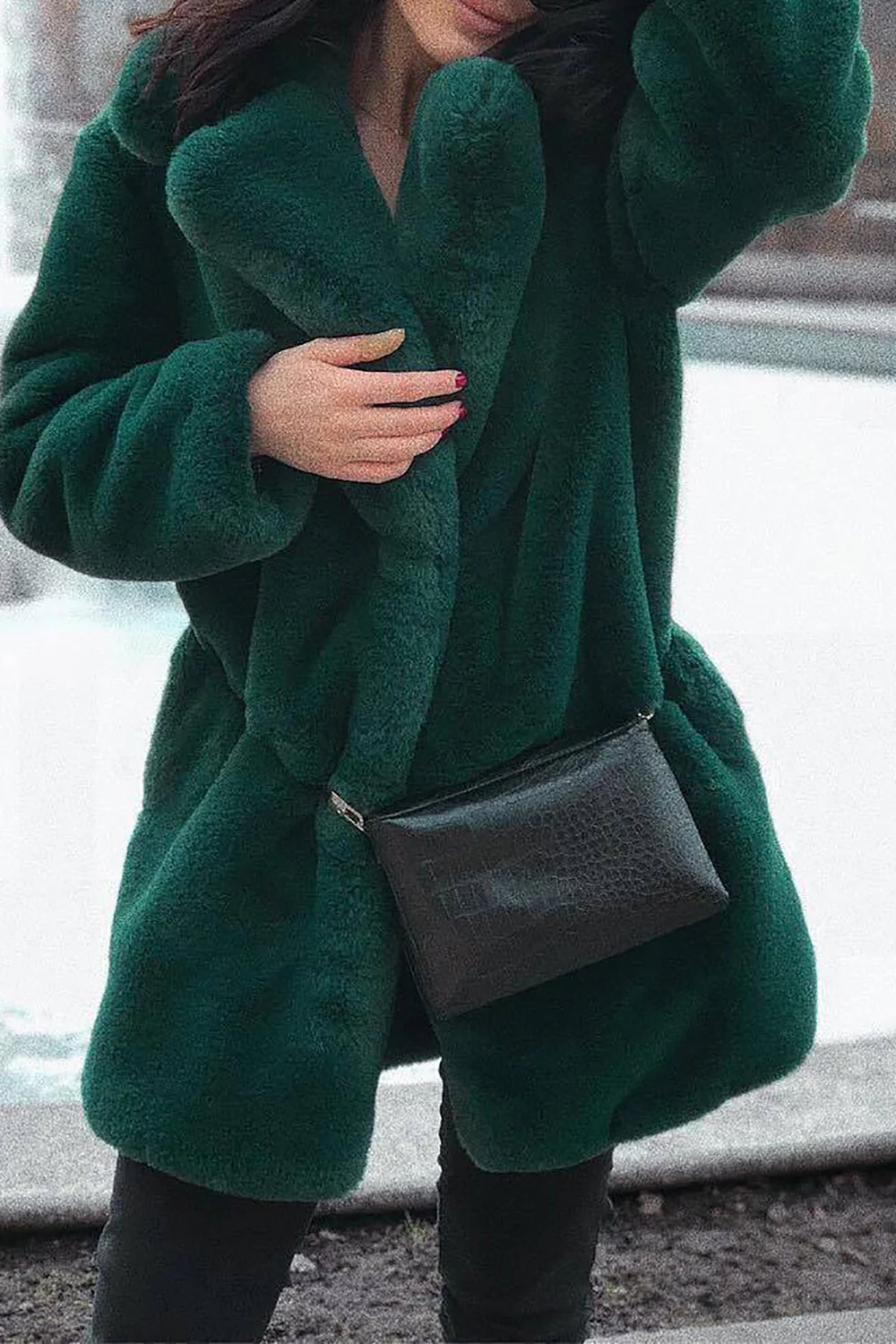 Pomarańczowy dekolt z klapami Otwarty przód Faux Fur Midi Płaszcz damski - Image 4